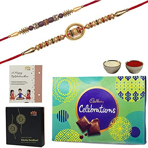 Gifticon Set Of 2 Rakhi With Chocolate Celebrations (100) 1 Rakhi Greeting Card And Roli Chawal-Ib2