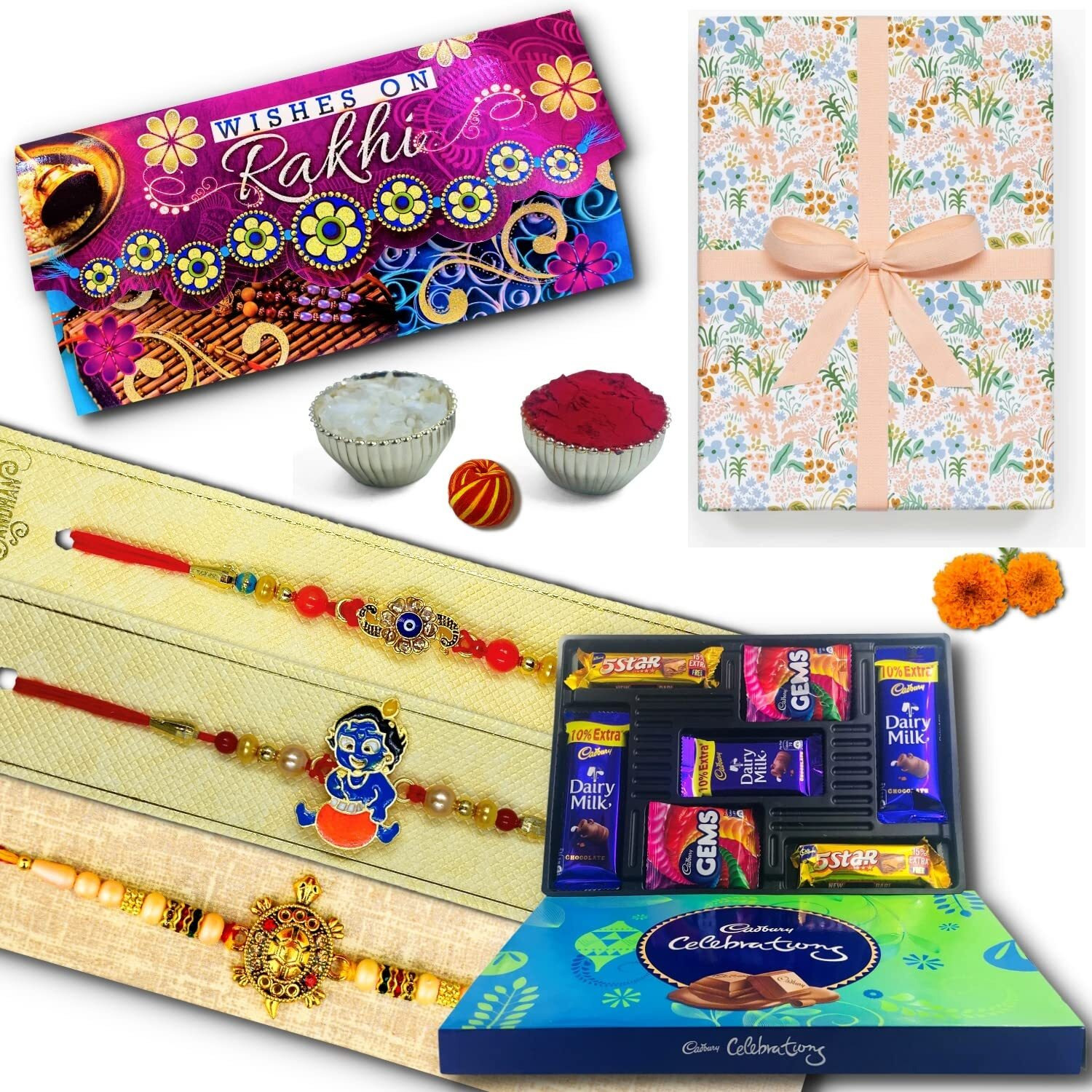 Almoda Creations Rakhi Combo 3 Antique Rakhi For Brother, Greeting Card, Cadbury Celebrations Festive Chocolate Gift Box, Tilak Pouch & Kalawa Roll, Gift Wrapping, Personalized Message.