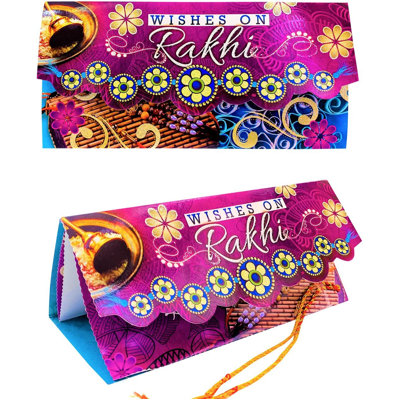 Almoda Creations Rakhi Combo 3 Antique Rakhi For Brother, Greeting Card, Cadbury Celebrations Festive Chocolate Gift Box, Tilak Pouch & Kalawa Roll, Gift Wrapping, Personalized Message.