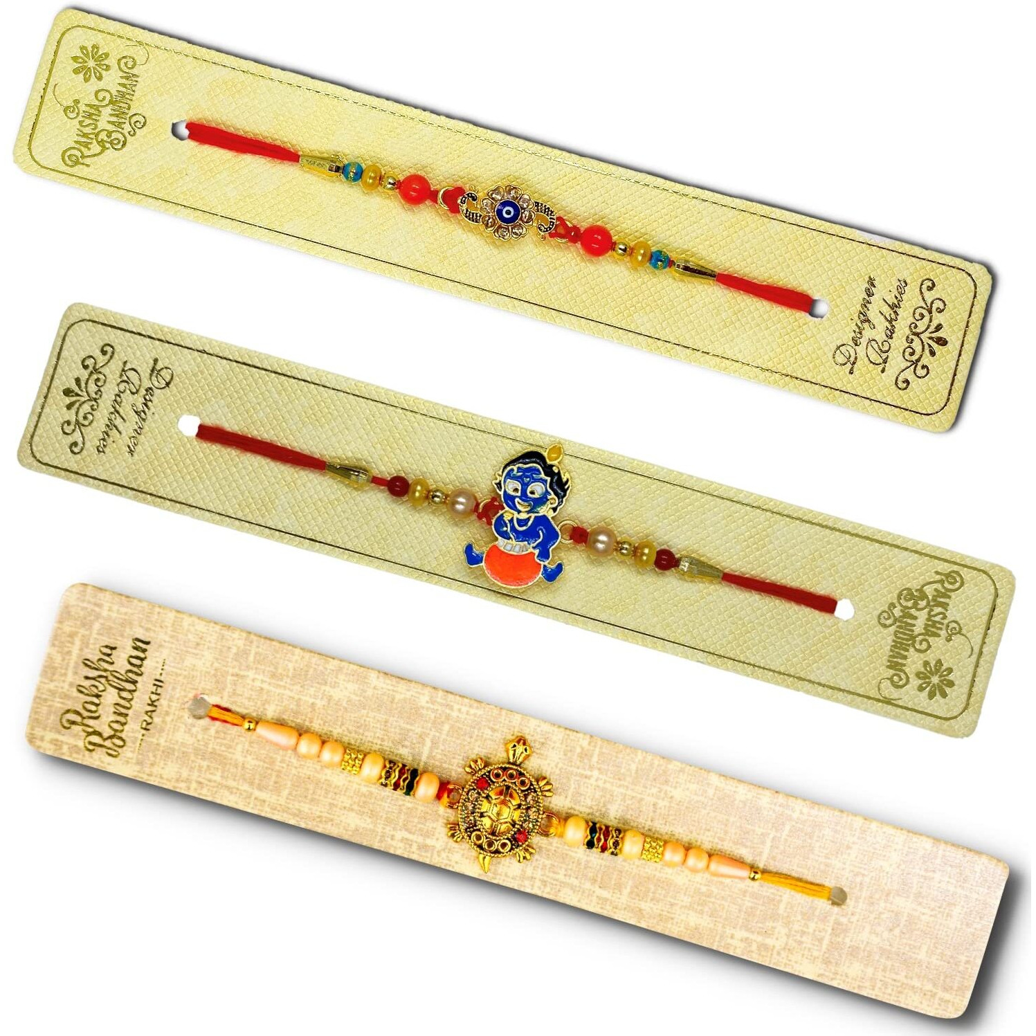 Almoda Creations Rakhi Combo 3 Antique Rakhi For Brother, Greeting Card, Cadbury Celebrations Festive Chocolate Gift Box, Tilak Pouch & Kalawa Roll, Gift Wrapping, Personalized Message.