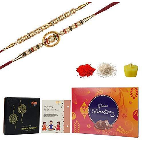 Gifticon Set Of 2 Rakhi For Brother With Chocolate | 2 Rakhis | 1 Celebrations Pack | Roli Chawal | Ghee Deepak | Greetings Card