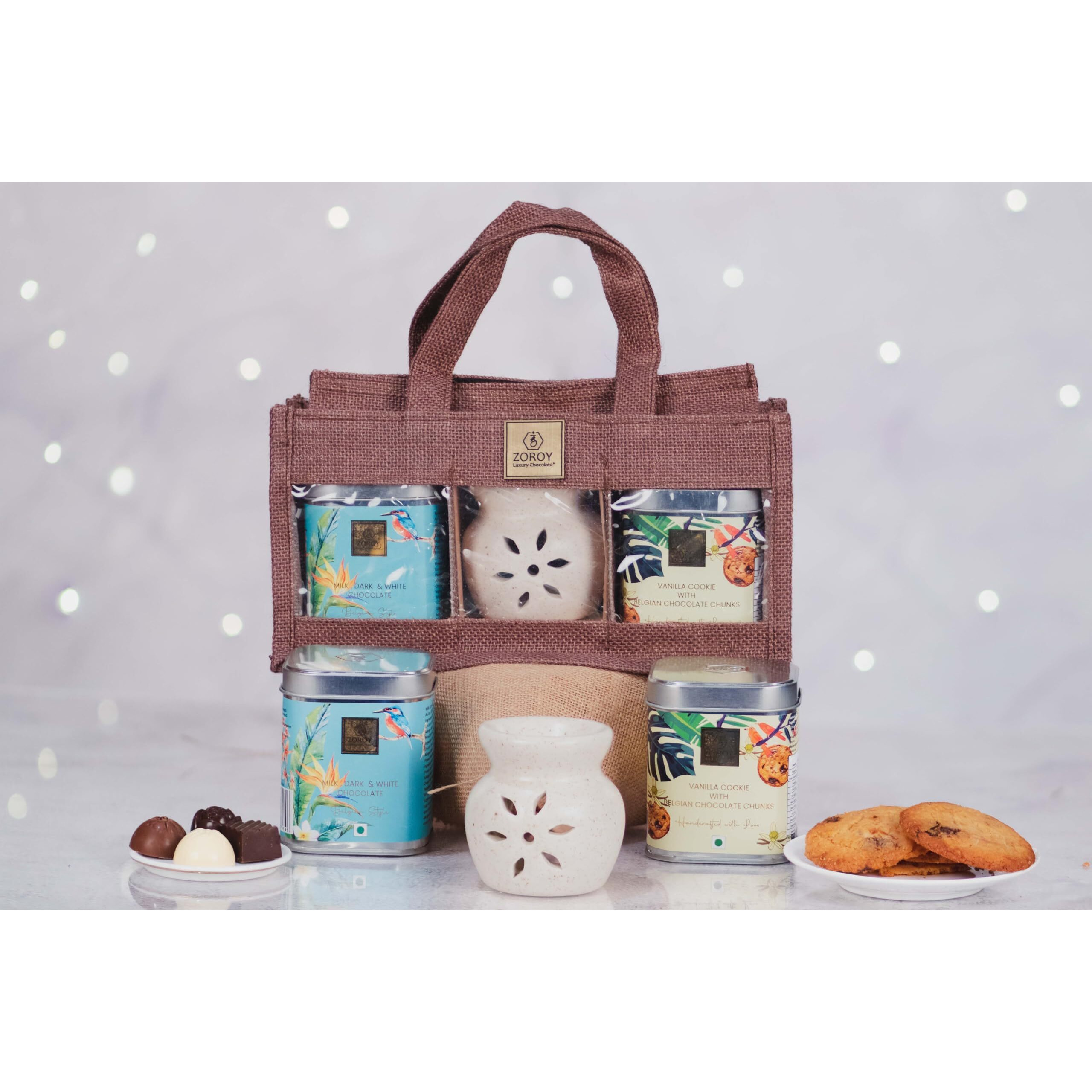 Zoroy Luxury Chocolate The Eco Friendly Gift Hamper Bag With Ceramic Diffuser, Chocolates And Cookies For Celebration Rakhi | Diwali | Birthaday | Valentine | New Year | Online Corporate Gifts