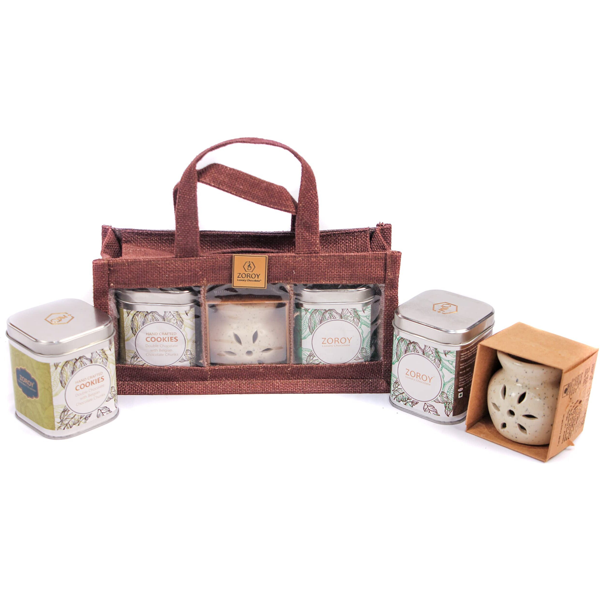 Zoroy Luxury Chocolate The Eco Friendly Gift Hamper Bag With Ceramic Diffuser, Chocolates And Cookies For Celebration Rakhi | Diwali | Birthaday | Valentine | New Year | Online Corporate Gifts