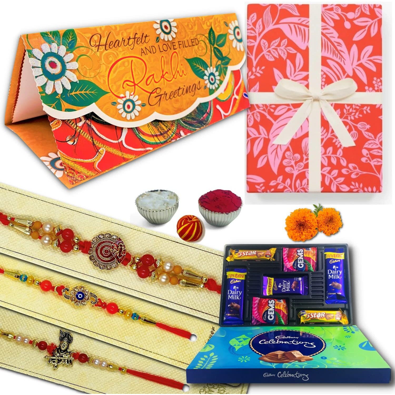 Almoda Creations Rakhi For Brother And Chocolate 3 Rakhi, Greeting Card, Cadbury Celebrations Chocolate Box, Tilak Pouch & Kalawa Roll, Rakhi Gift Wrapping, Personalized Rakhi Message