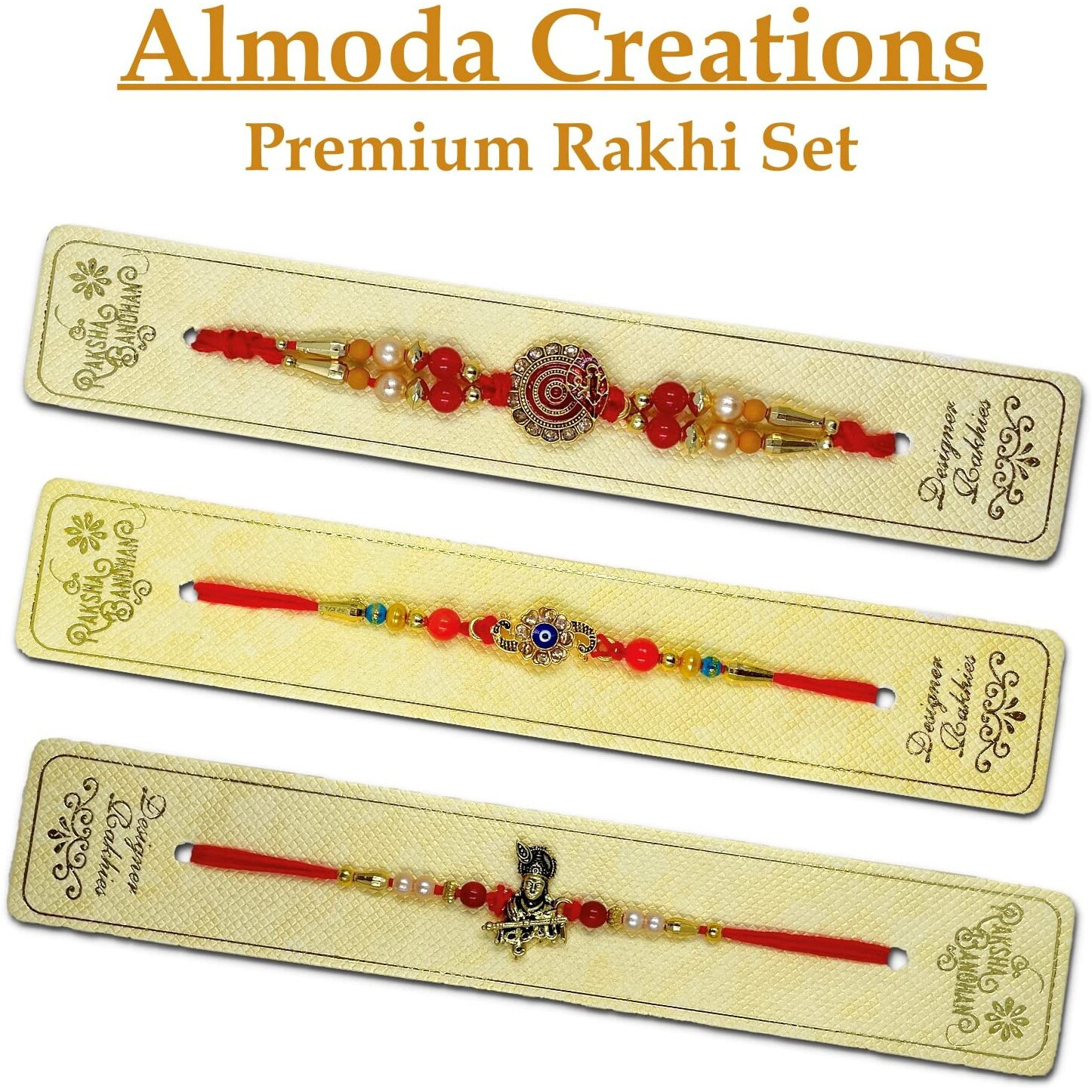 Almoda Creations Rakhi For Brother And Chocolate 3 Rakhi, Greeting Card, Cadbury Celebrations Chocolate Box, Tilak Pouch & Kalawa Roll, Rakhi Gift Wrapping, Personalized Rakhi Message