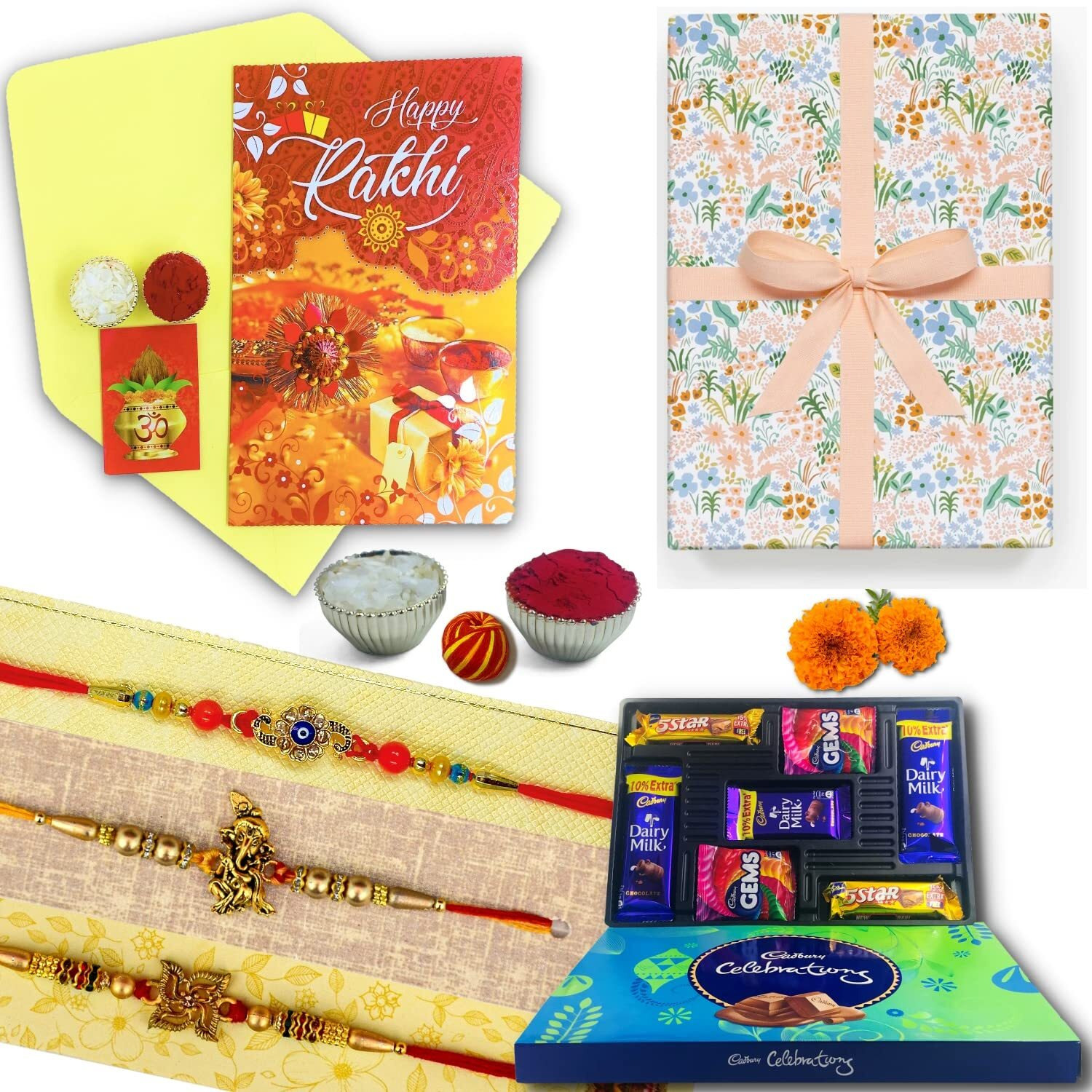 Almoda Creations Rakhi For Brother 3 Rakhi, Greeting Card, Cadbury Celebrations Chocolate Gift Box, Tilak Pouch & Kalawa Roll, Rakhi Gift Box, Personalized Rakhi Message