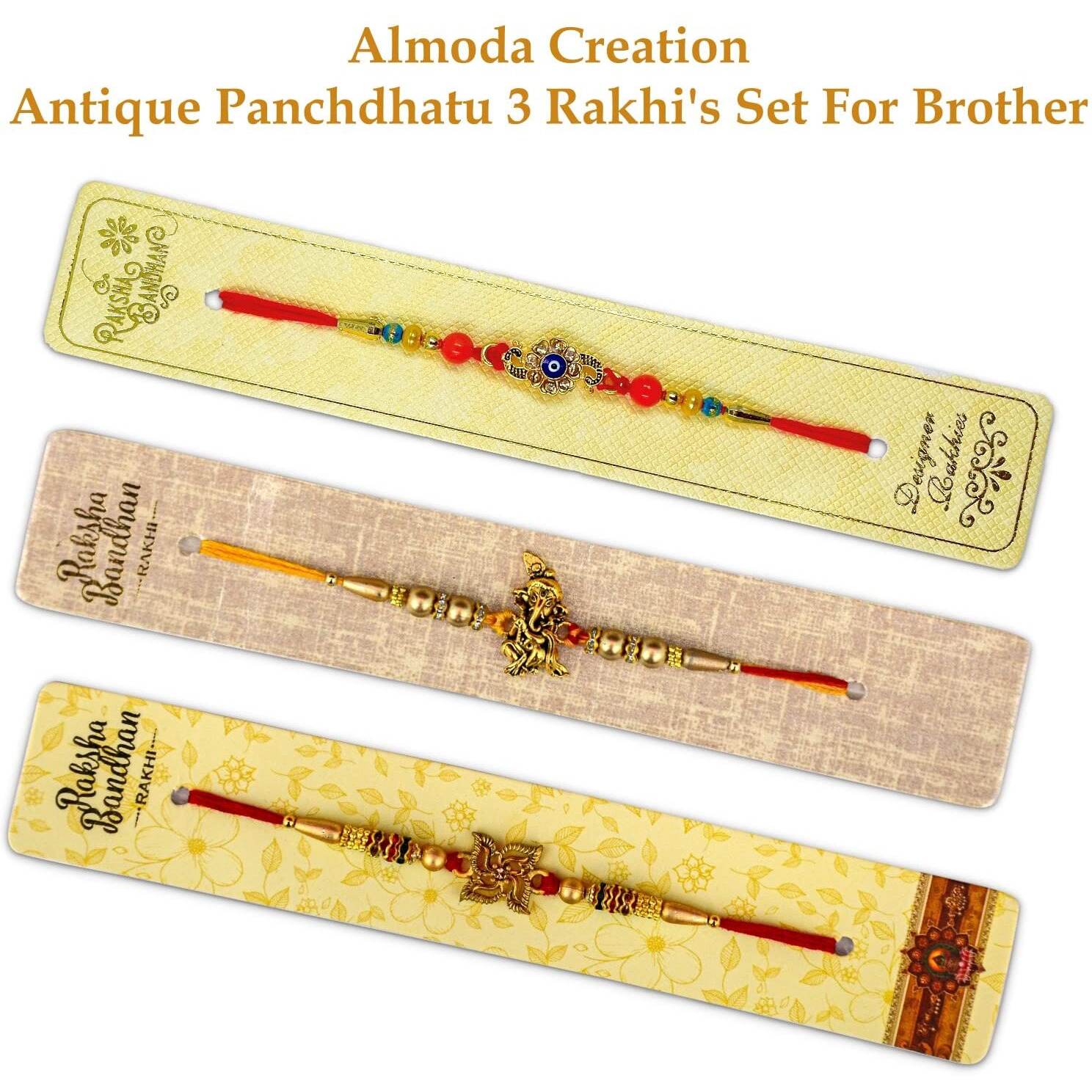 Almoda Creations Rakhi For Brother 3 Rakhi, Greeting Card, Cadbury Celebrations Chocolate Gift Box, Tilak Pouch & Kalawa Roll, Rakhi Gift Box, Personalized Rakhi Message