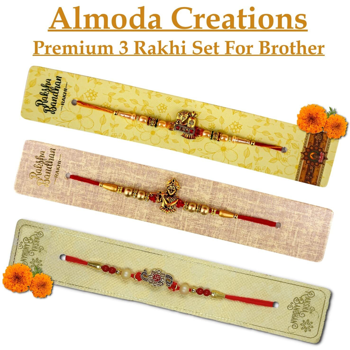 Almoda Creations Rakhi For Brother Combo 3 Panchdhatu Rakhi Set, Greeting Card, Cadbury Celebrations Chocolate Box, Tilak Pouch, Kalawa, Rakhi Gift Box, Personalized Rakhi Message