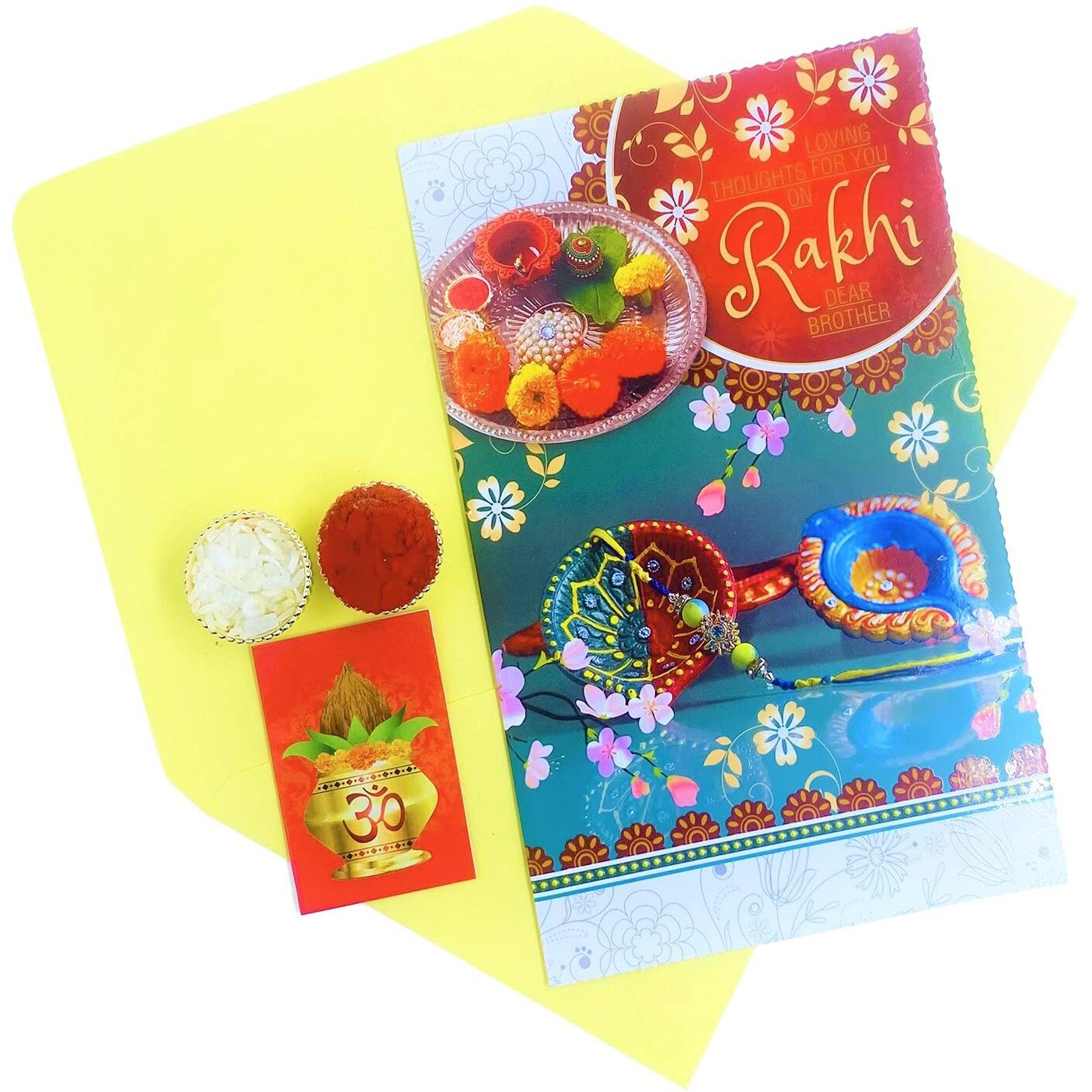 Almoda Creations Rakhi For Brother Combo 3 Panchdhatu Rakhi Set, Greeting Card, Cadbury Celebrations Chocolate Box, Tilak Pouch, Kalawa, Rakhi Gift Box, Personalized Rakhi Message
