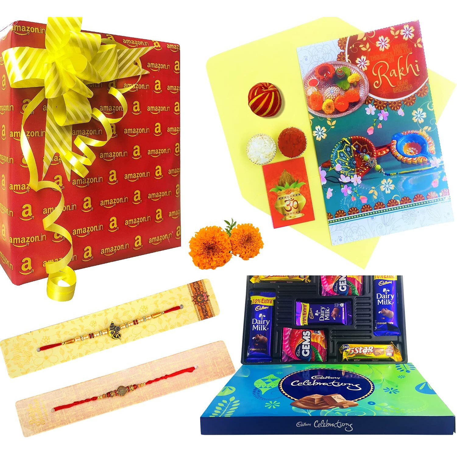 Almoda Creations Rakhi With Cup And Chocolate (2 Rakhi, Greeting Card, Cadbury Celebrations Pack, Tilak Pouch & Kalawa Roll, Wrapping, Handwritten Custom Message)