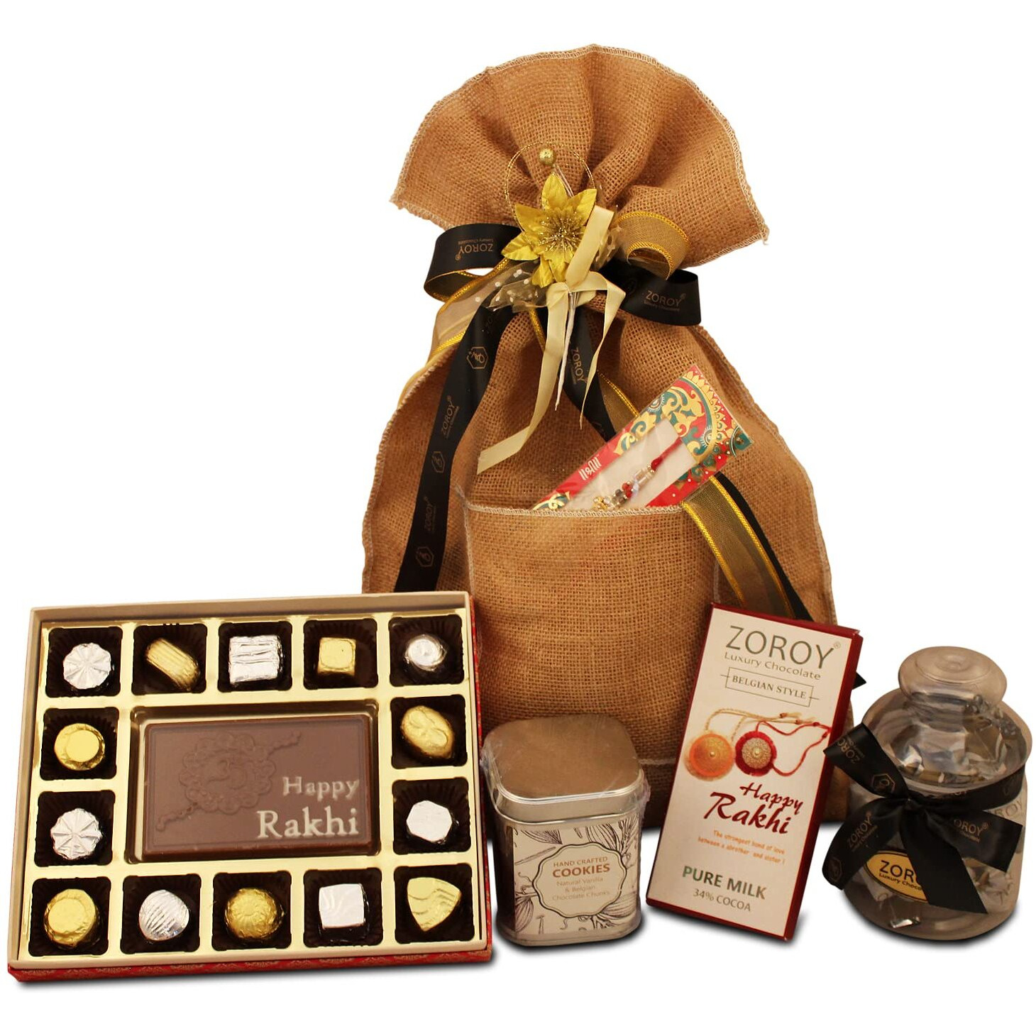 Zoroy Luxury Chooclate Rakhi Hamper For Brother Sister | Jute Bag With Rakhi Chocolates | Dry Fruits | Cookies | Rakhi Set For Bhaiya Bhabhi | Rakhi Gift Combo | Rakshabandhan Gift For Sister | 525 Gm