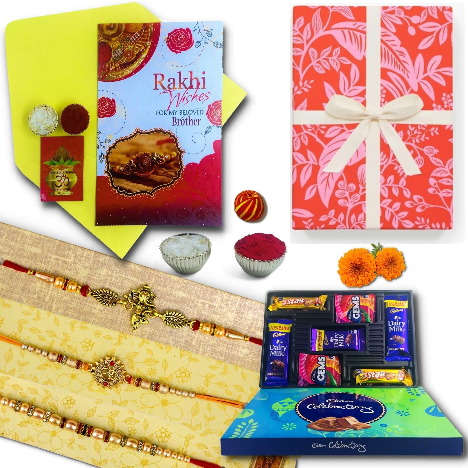 Almoda Creations Rakhi Set 3 Panchdhatu Rakhi, Greeting Card, Cadbury Celebrations Chocolate, Roli Moli, Kalawa, Rakhi Gift Box, Personalized Message