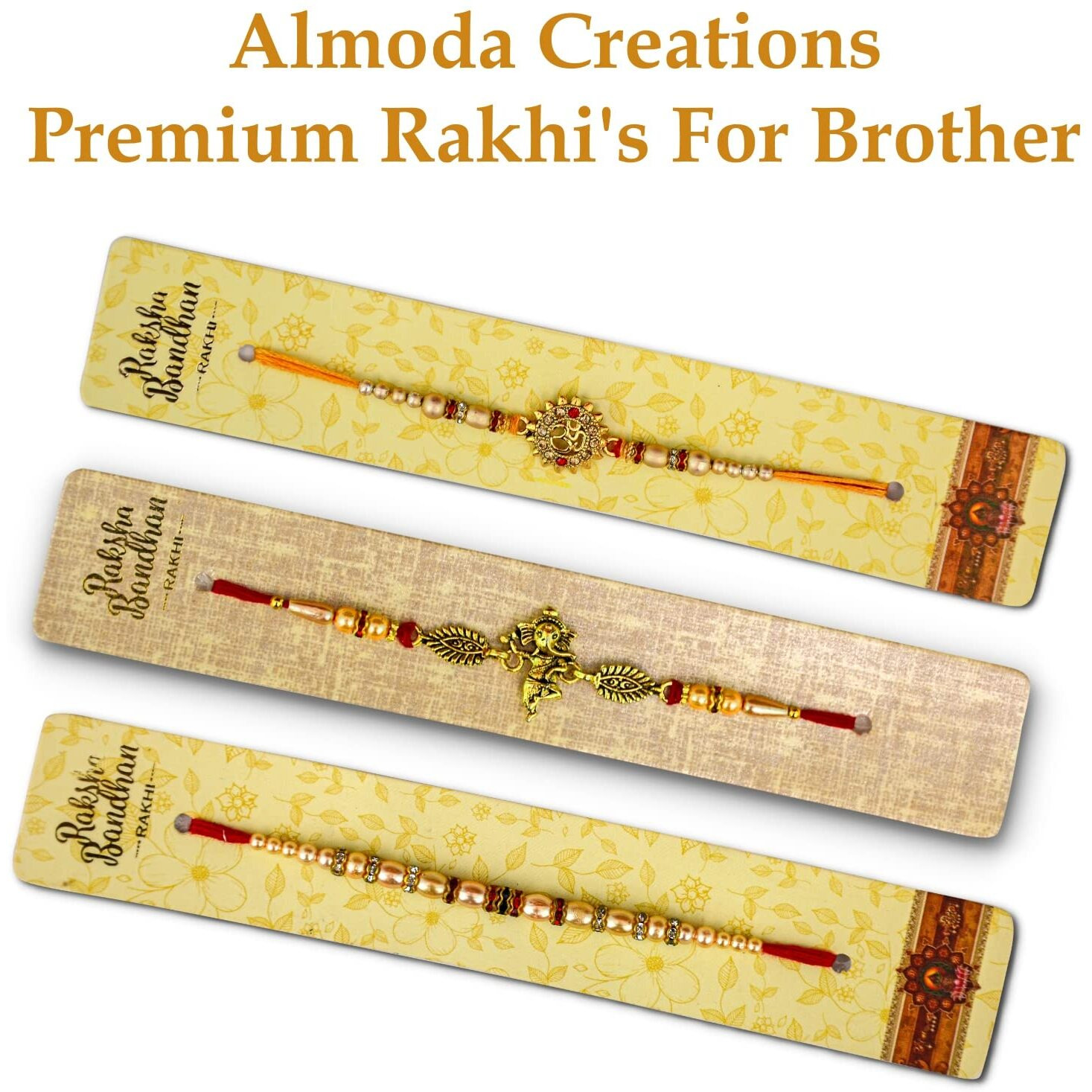 Almoda Creations Rakhi Set 3 Panchdhatu Rakhi, Greeting Card, Cadbury Celebrations Chocolate, Roli Moli, Kalawa, Rakhi Gift Box, Personalized Message