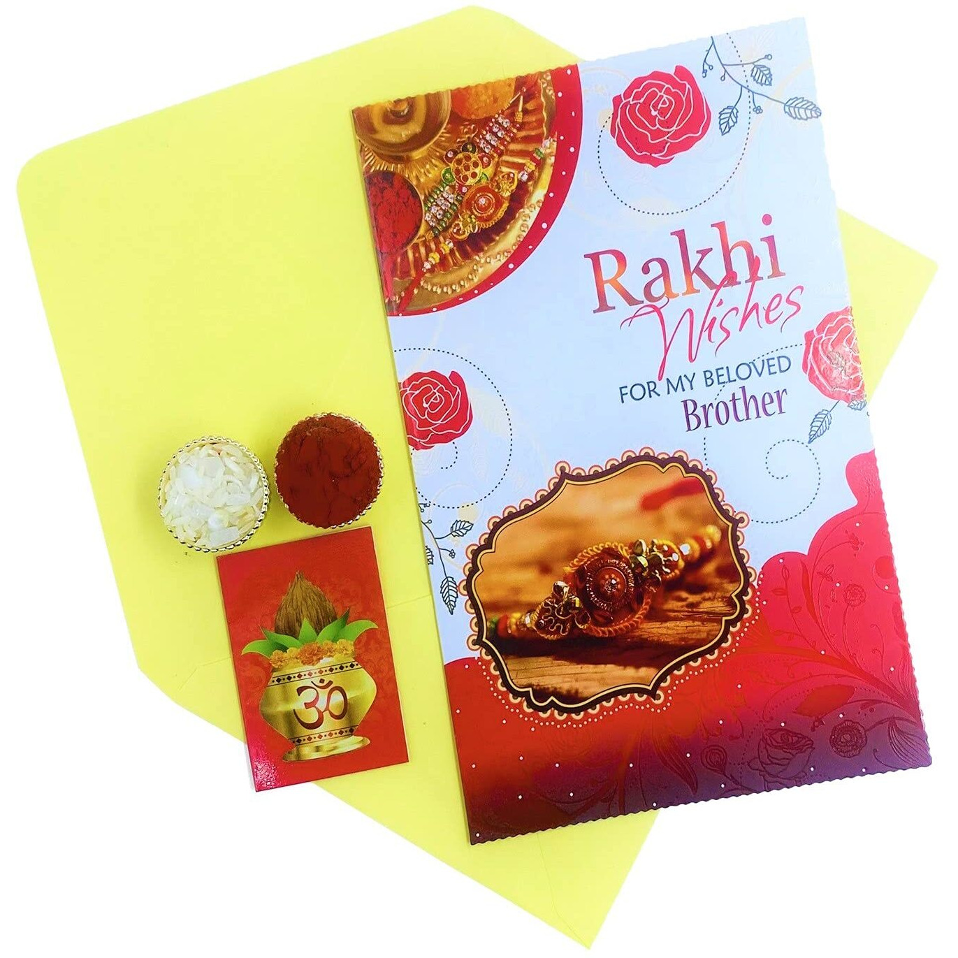 Almoda Creations Rakhi Set 3 Panchdhatu Rakhi, Greeting Card, Cadbury Celebrations Chocolate, Roli Moli, Kalawa, Rakhi Gift Box, Personalized Message
