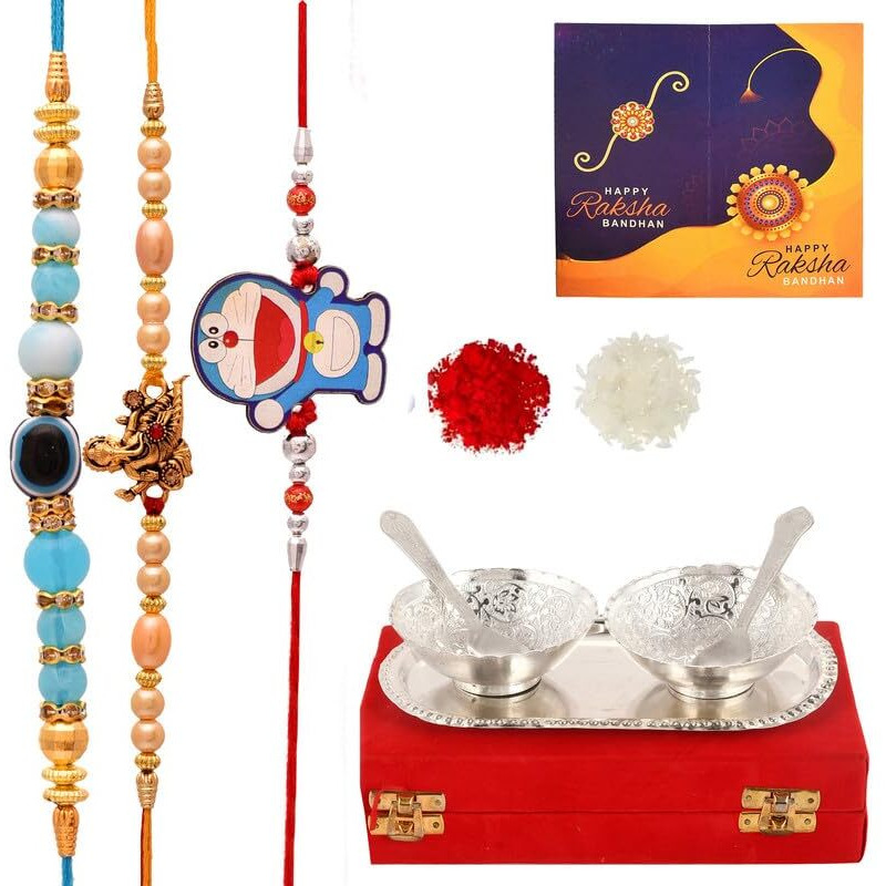Yalambar Rakhi For Brother And Bhabhi With German Silver Bowl Set, Silver Gift Serving Sweets, Dry Fruits Nuts With Red Velvet Box (Rakh2023 Rakhi Set With Bowl Set) Free Rakhi Card-Rakh202322