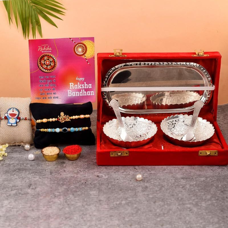 Yalambar Rakhi For Brother And Bhabhi With German Silver Bowl Set, Silver Gift Serving Sweets, Dry Fruits Nuts With Red Velvet Box (Rakh2023 Rakhi Set With Bowl Set) Free Rakhi Card-Rakh202322