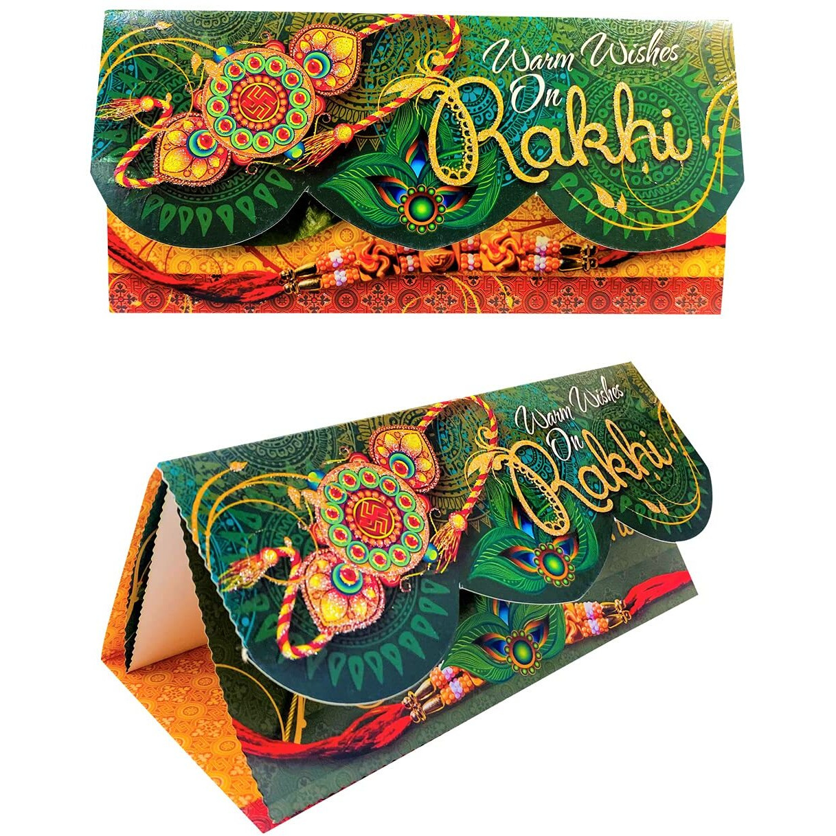 Almoda Creations Rakhi Gift For Brother 3 Handcrafted Panchdhatu Rakhi, Rakhi Greeting Card, Cadbury Celebration Chocolate Box, Roli Moli & Kalawa, Rakhi Gift Box Set, Personalized Message