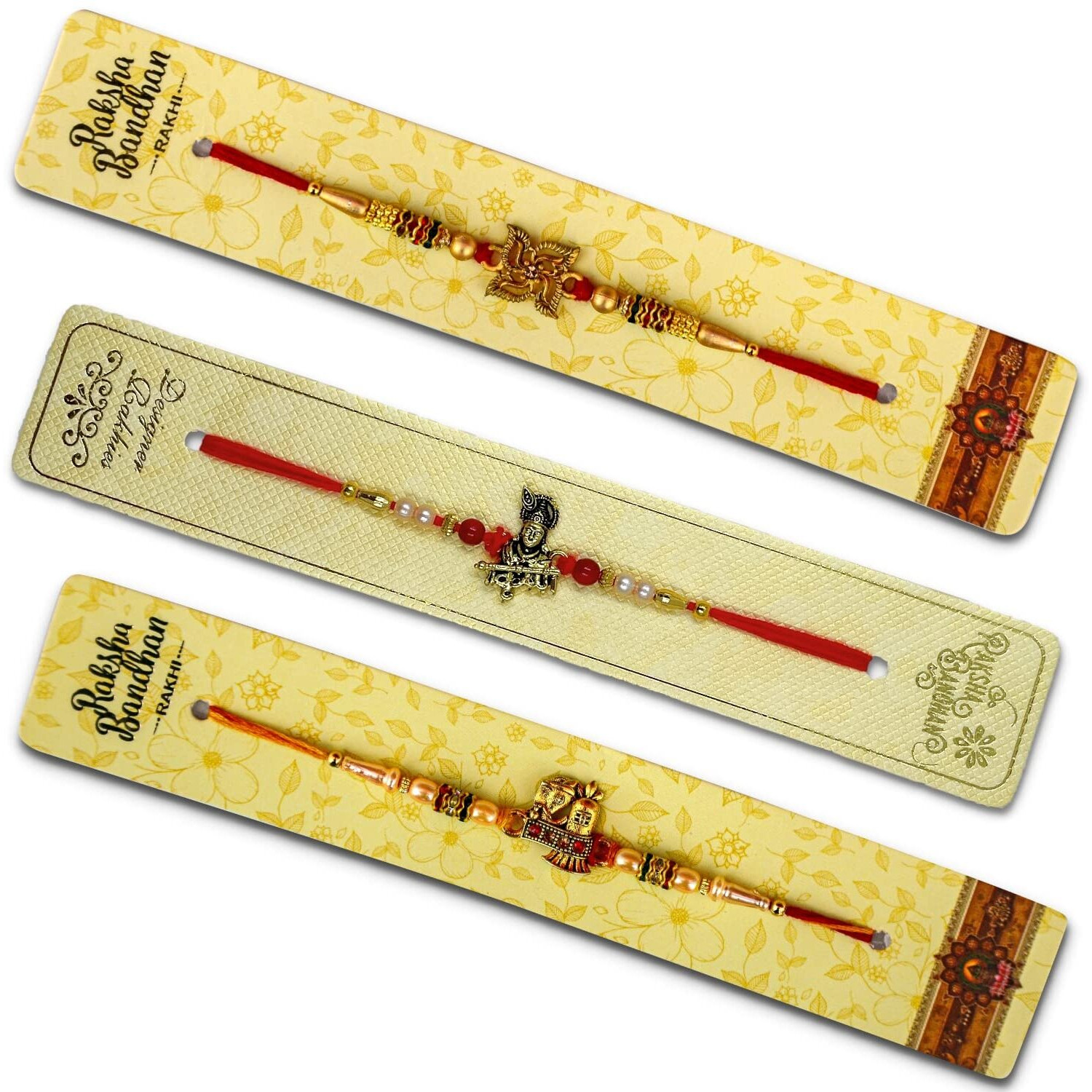 Almoda Creations Rakhi Gift For Brother 3 Handcrafted Panchdhatu Rakhi, Rakhi Greeting Card, Cadbury Celebration Chocolate Box, Roli Moli & Kalawa, Rakhi Gift Box Set, Personalized Message