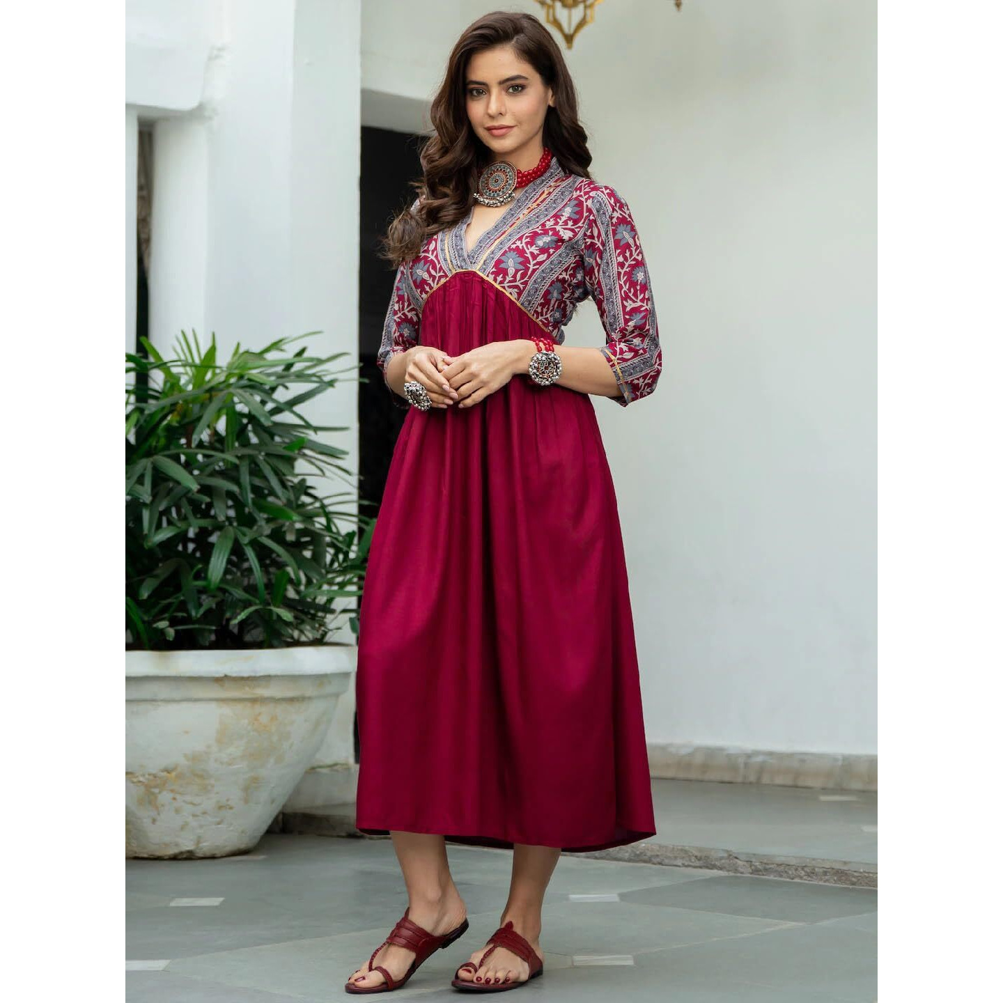 Gosriki Women's Viscose Rayon Maroon & Grey Printed Flared Kurta (Ruh-Maroon-Dress_Xl-Gs_Maroon_X-Large)