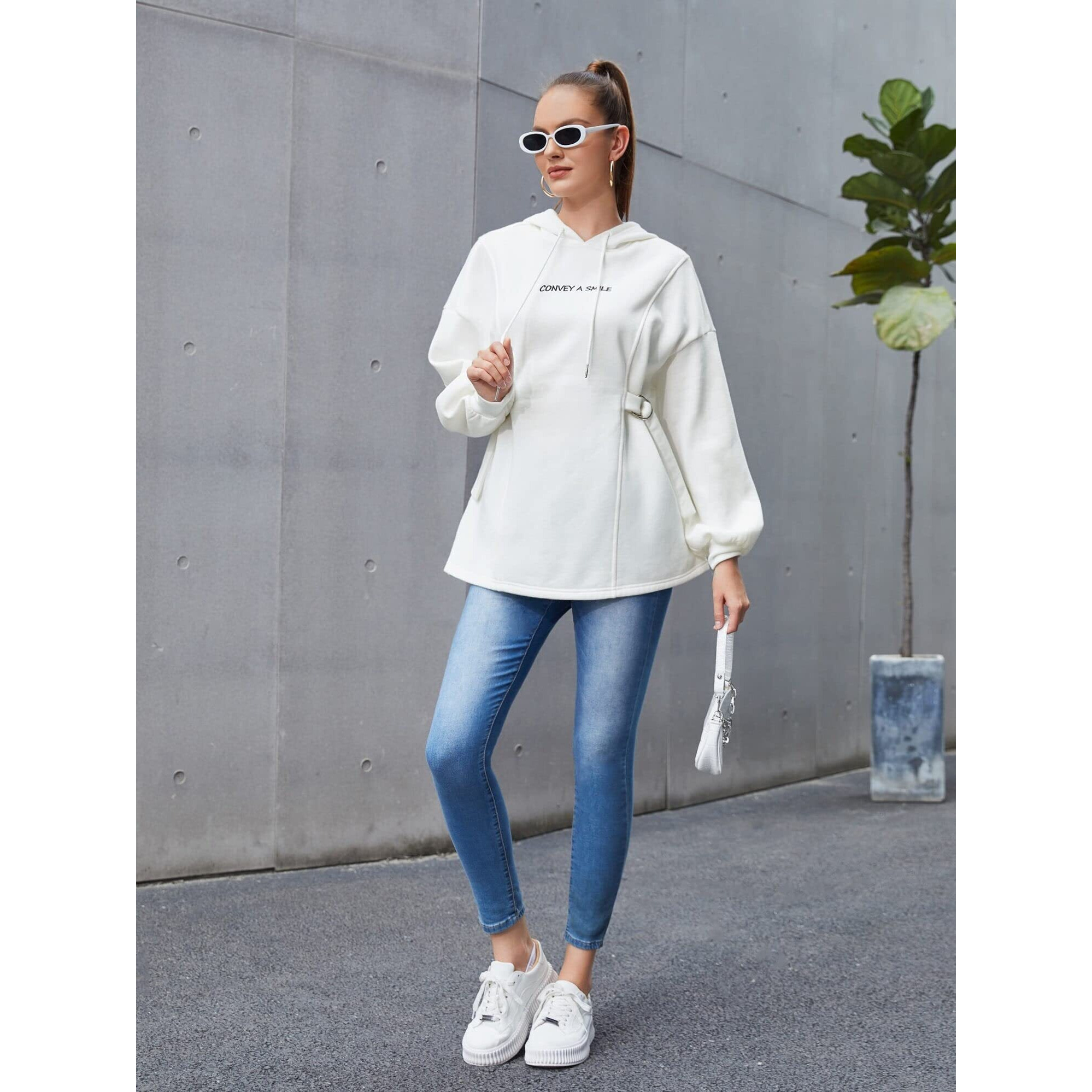 Toplot Women's Woolen Long Typographic Printed White Hoodie With Hooded Neck (T-Hoodie-5051-L)
