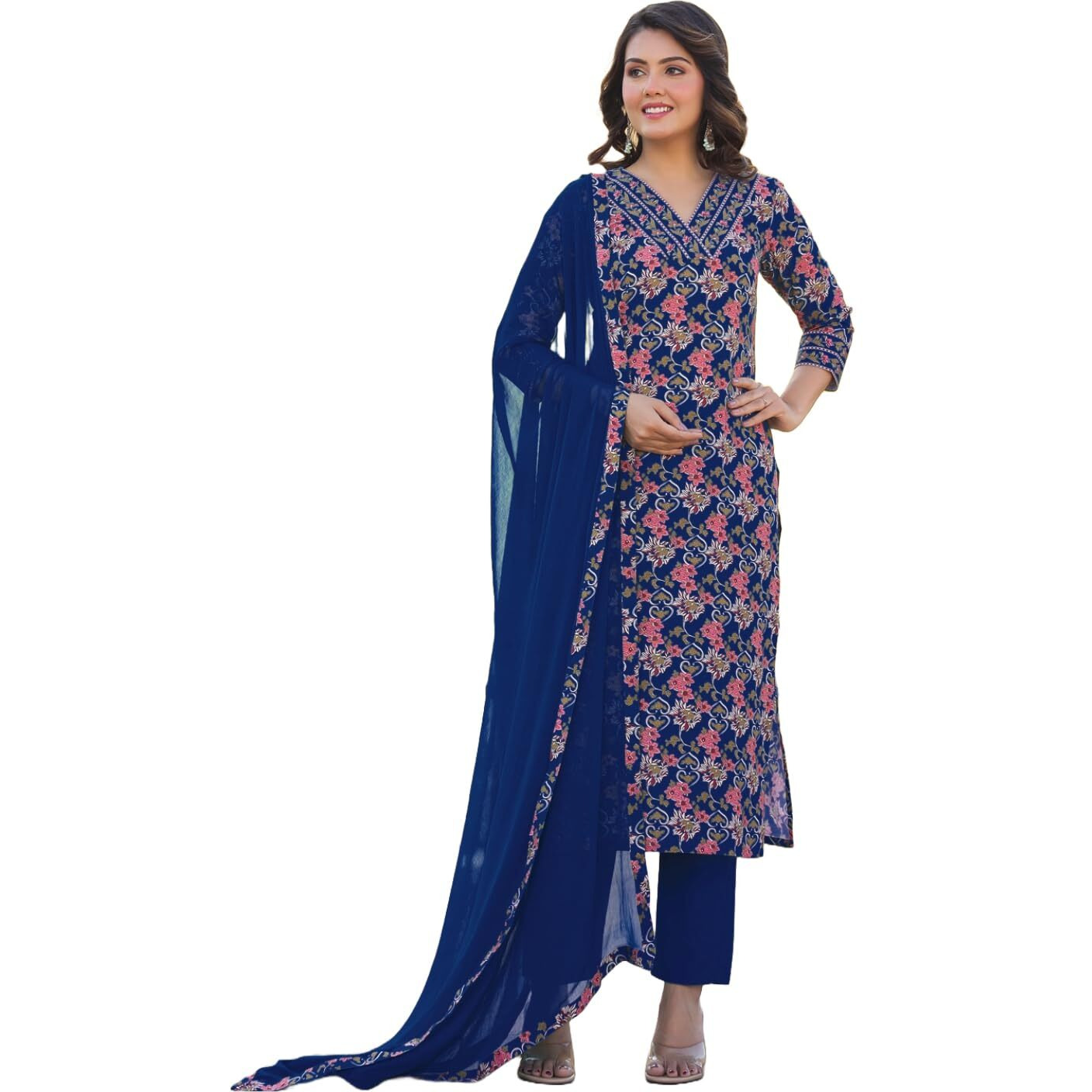 Gosriki Women's Rayon Blend Straight Printed Kurta With Pant & Dupatta (Shaniya Blue-Gs_M_Blue_Medium)