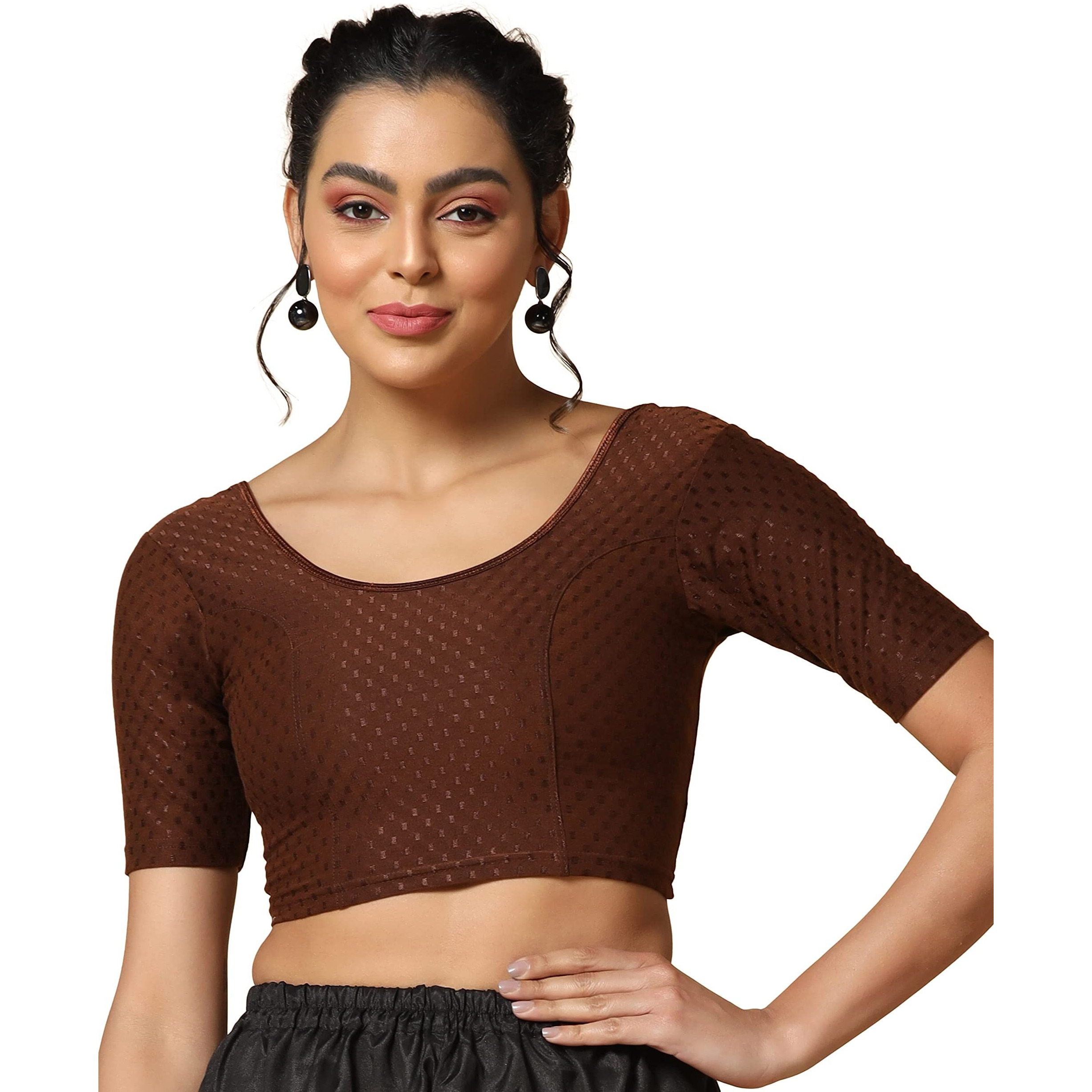 Toplot Cotton Blend Lycra Stretchable Round Neck Blouses For Women Readymade (Blouse-5058-Coffee-28)