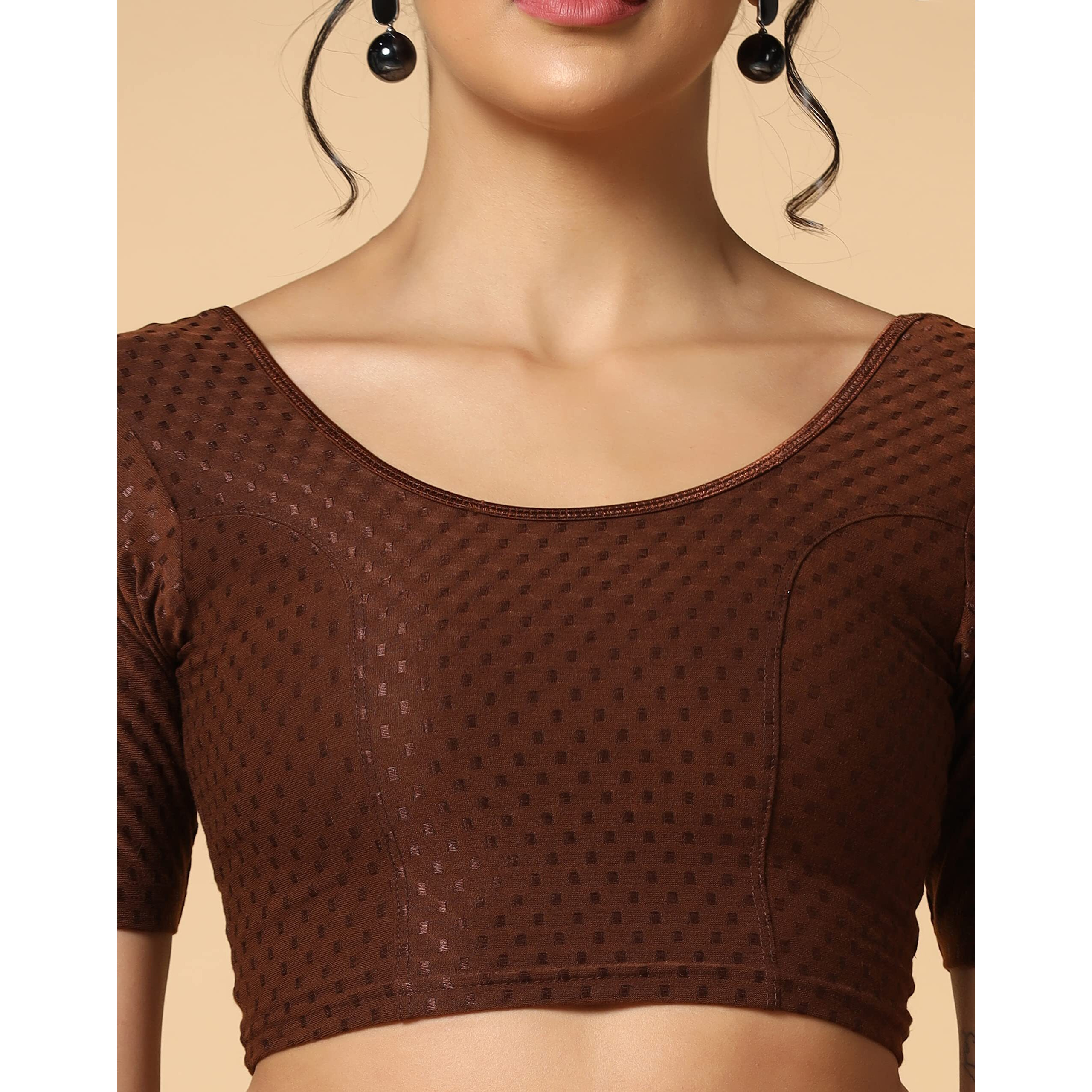 Toplot Cotton Blend Lycra Stretchable Round Neck Blouses For Women Readymade (Blouse-5058-Coffee-28)