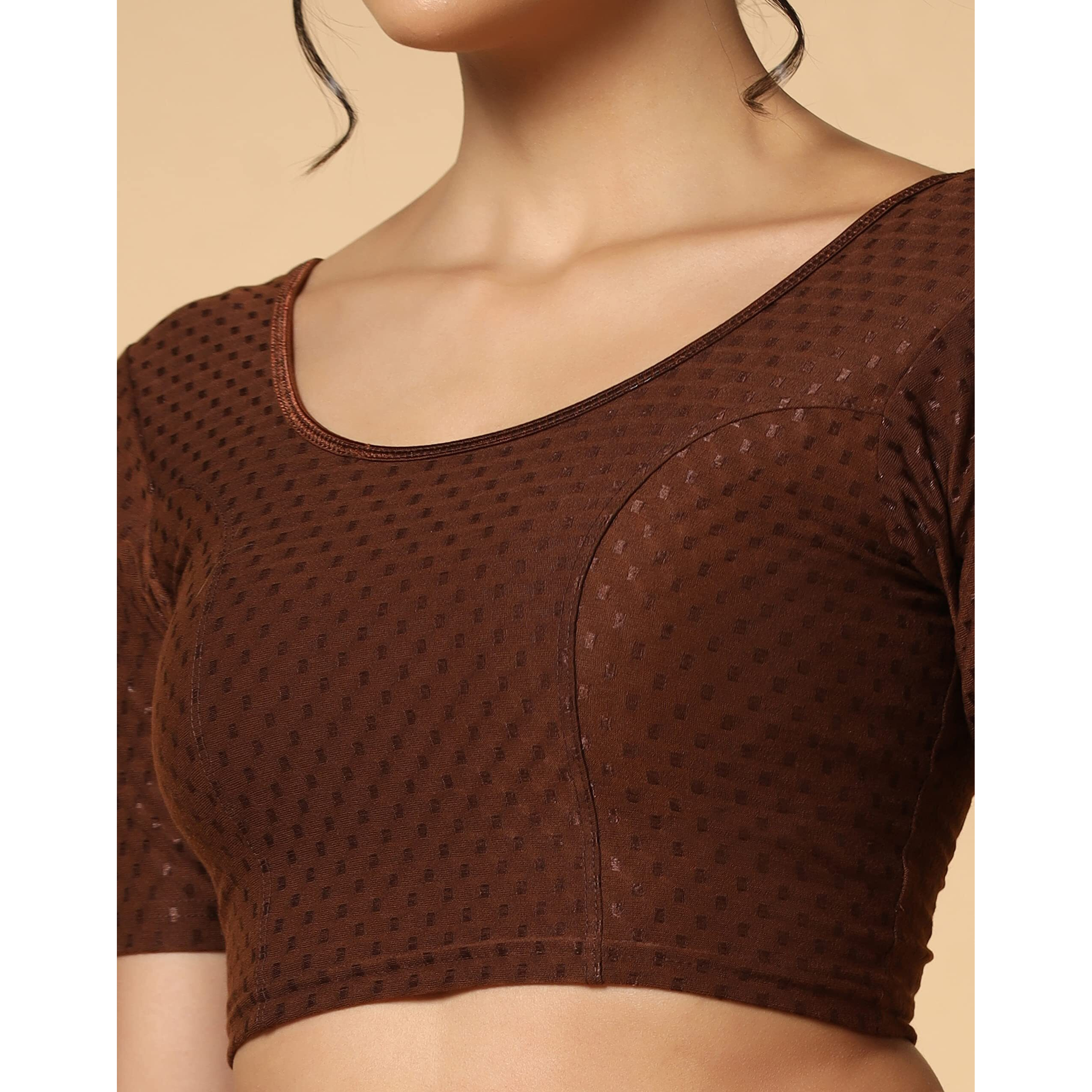 Toplot Cotton Blend Lycra Stretchable Round Neck Blouses For Women Readymade (Blouse-5058-Coffee-28)
