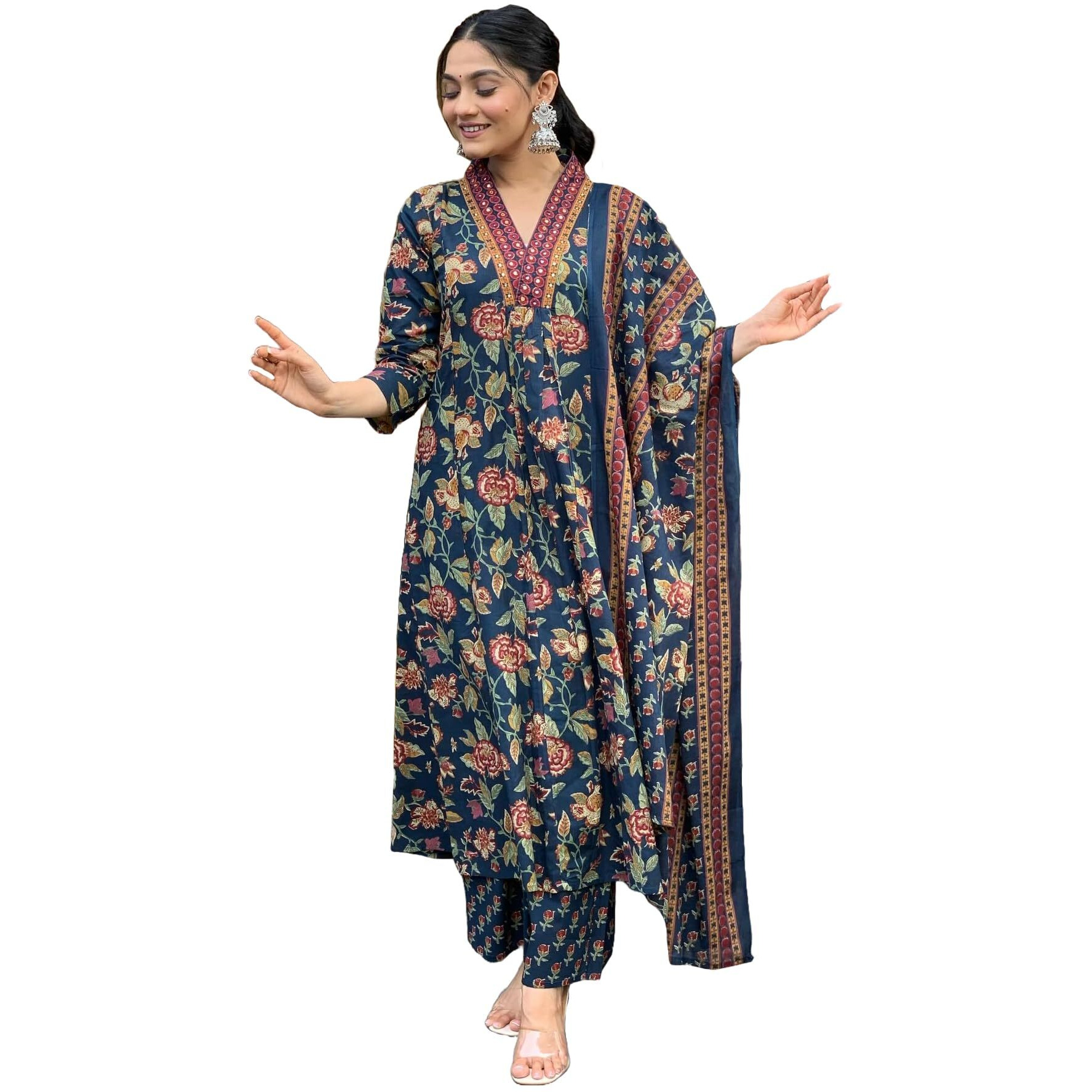 Gosriki Women's Rayon Blend Anarkali Printed Kurta With Palazzo & Dupatta (Cia Blue-Vks01-Gs_3Xl_Blue_Xxx-Large)