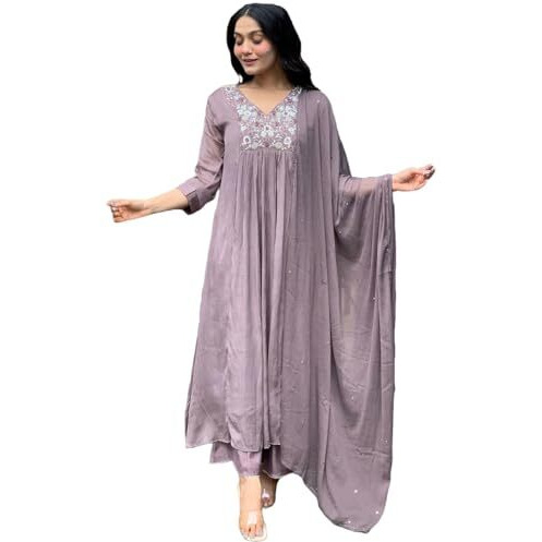 Gosriki Women's Rayon Blend A-Line Embroidered Kurta With Pant & Dupatta (Sharmi Lavender-Gs_5Xl_Lavender_Xxxxx-Large)