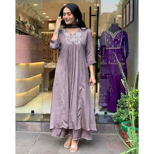 Gosriki Women's Rayon Blend A-Line Embroidered Kurta With Pant & Dupatta (Sharmi Lavender-Gs_5Xl_Lavender_Xxxxx-Large)