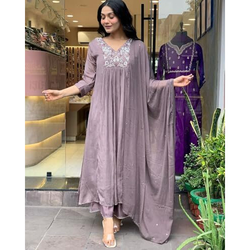 Gosriki Women's Rayon Blend A-Line Embroidered Kurta With Pant & Dupatta (Sharmi Lavender-Gs_5Xl_Lavender_Xxxxx-Large)