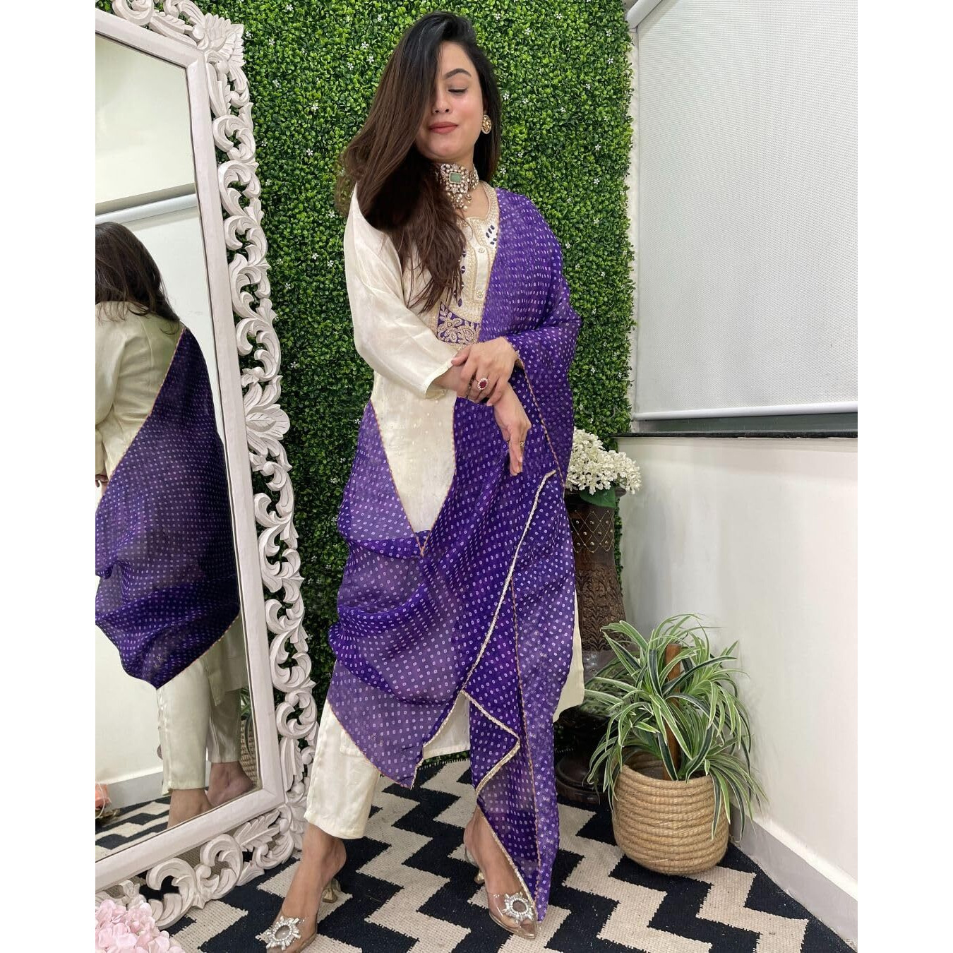 Gosriki Women's Rayon Viscose Straight Embroidered Kurta With Pant & Dupatta (Mono White-Gs_M_White_Medium)