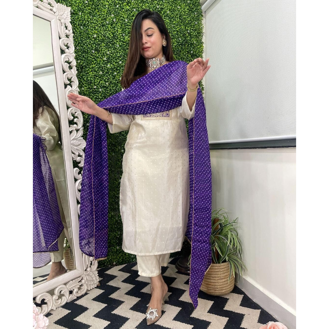 Gosriki Women's Rayon Viscose Straight Embroidered Kurta With Pant & Dupatta (Mono White-Gs_M_White_Medium)