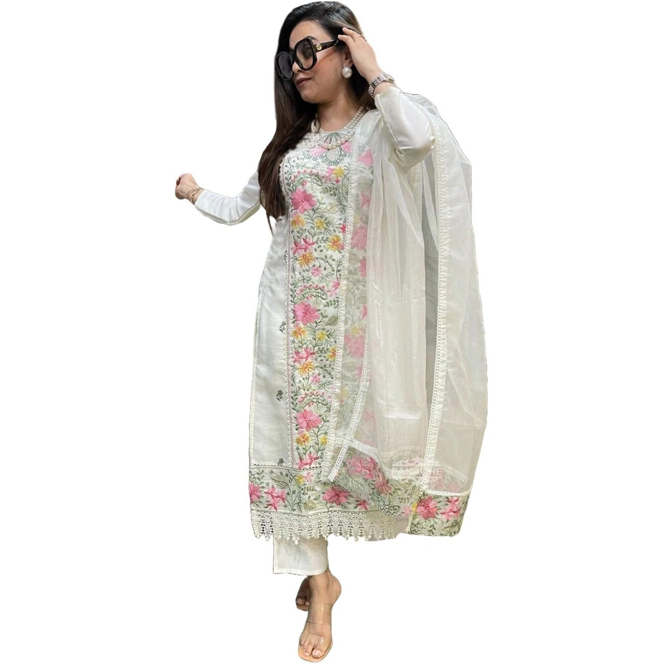Gosriki Women's Rayon Viscose Straight Embroidered Kurta With Pant & Dupatta (Karachi White-Gs_M_White_Medium)