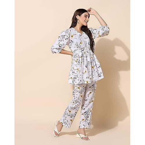 Toplot Co Ord Kurta Set For Women Printed Kurta With Pant (Tunic-Pant-5140-White-L)