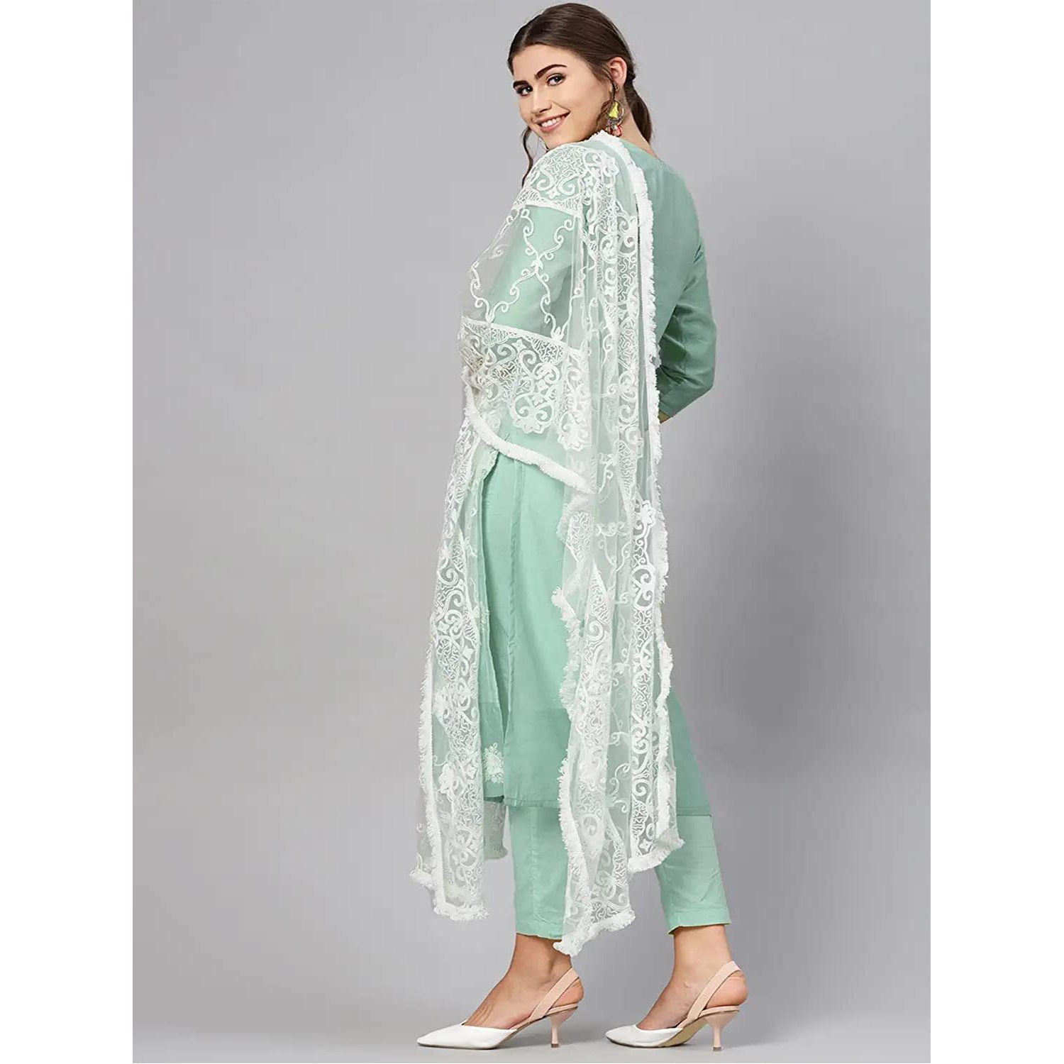 Gosriki Women's Ruby Cotton Straight Embroidery Kurti With Pant & Dupatta Set (White-Show-Light Green-Nw_M-Gs_Light Green_Medium)
