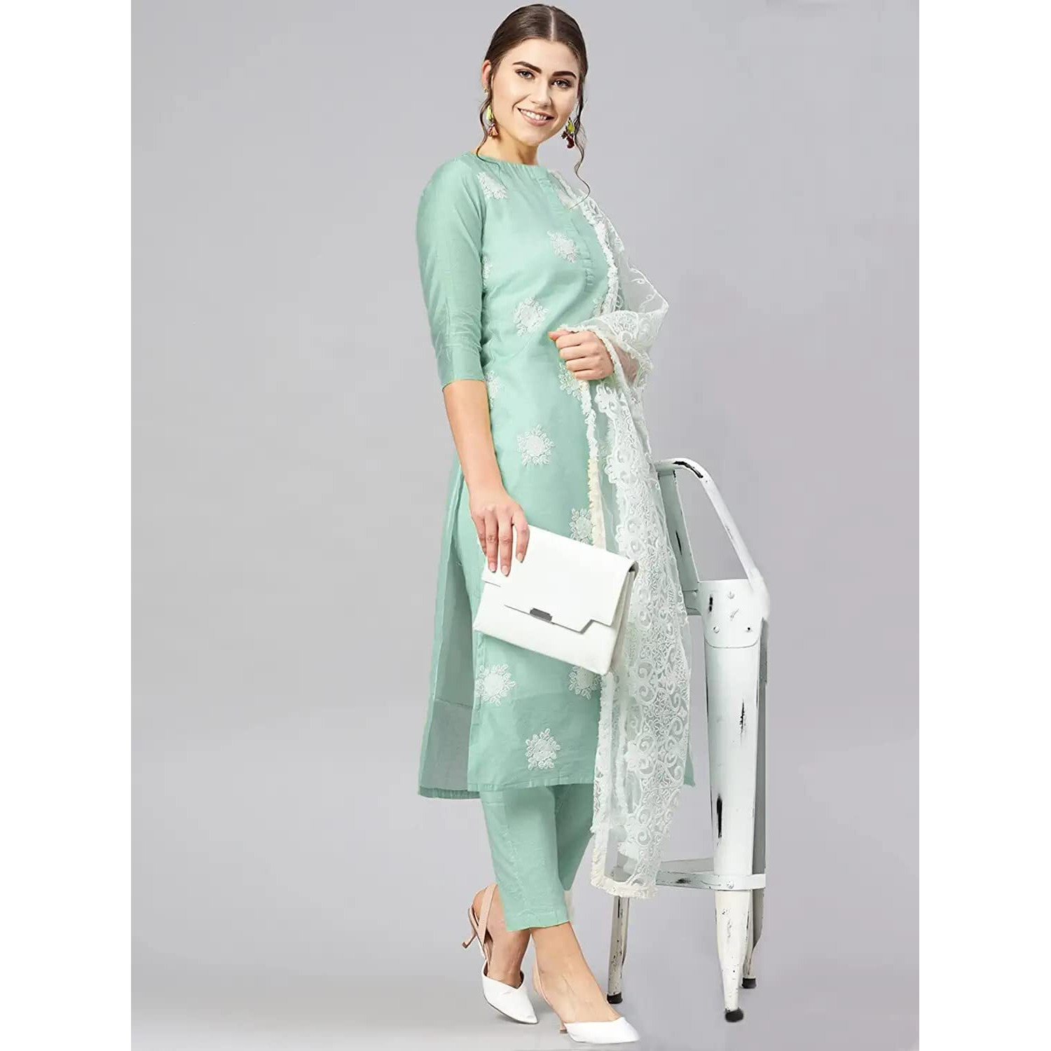 Gosriki Women's Ruby Cotton Straight Embroidery Kurti With Pant & Dupatta Set (White-Show-Light Green-Nw_M-Gs_Light Green_Medium)