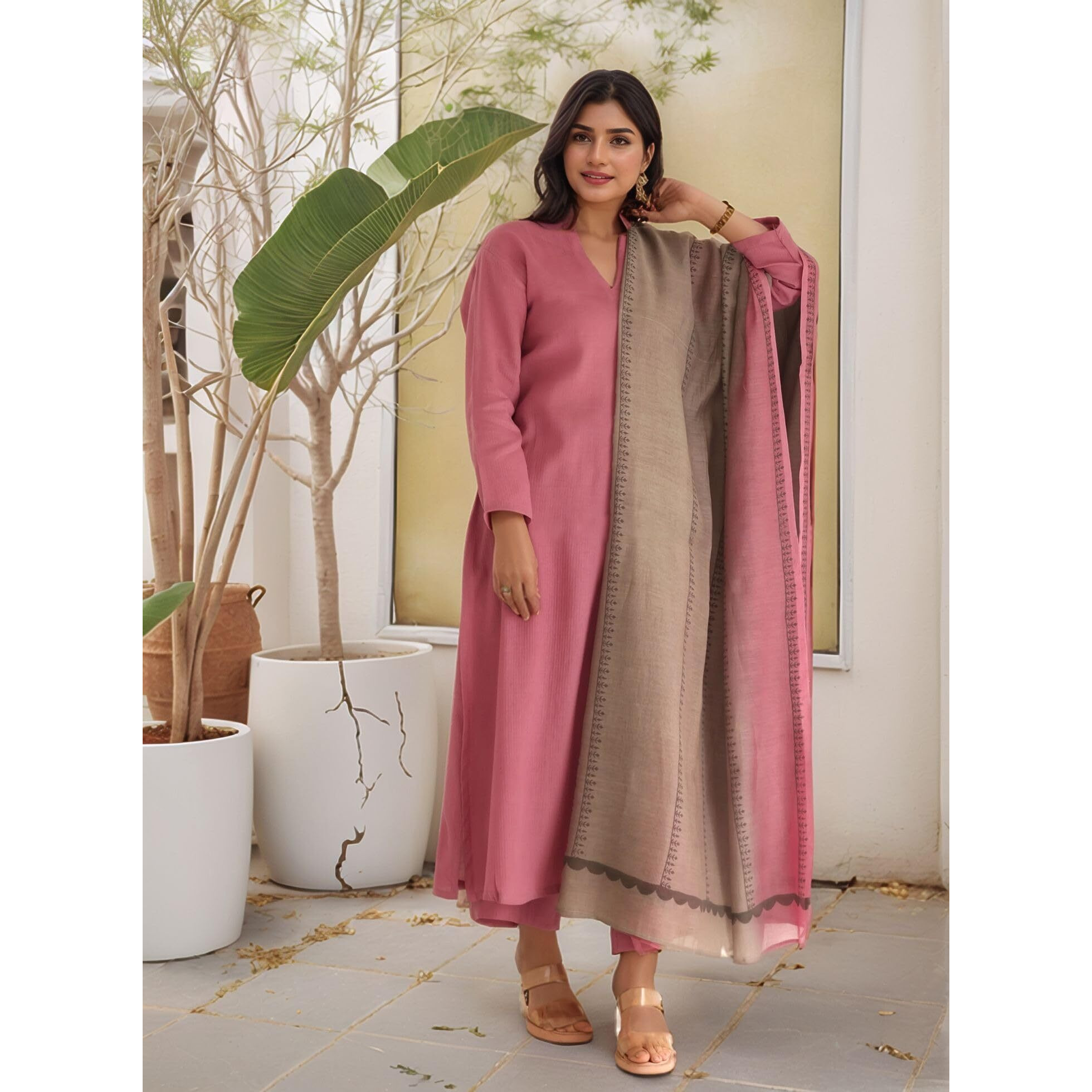 Gosriki Women's Silk Blend Straight Solid Kurta With Pant & Dupatta (Kamleya Pink-Gs_M_Pink_Medium)