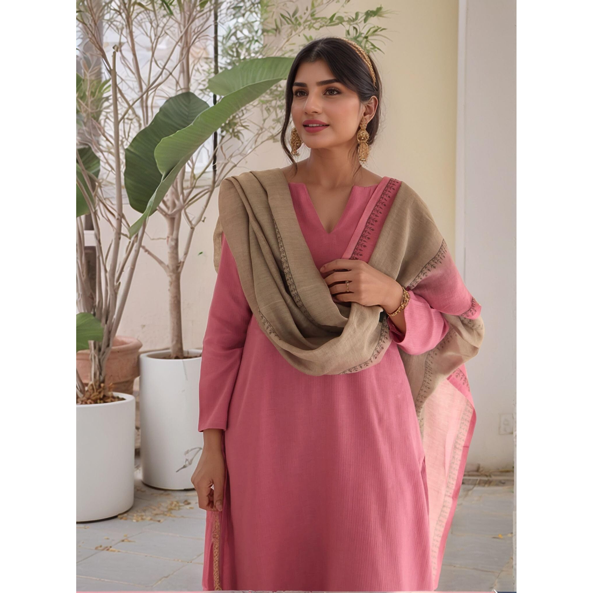 Gosriki Women's Silk Blend Straight Solid Kurta With Pant & Dupatta (Kamleya Pink-Gs_M_Pink_Medium)