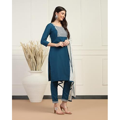 Toplot Women's Solid Straight Kurta With Pant & Dupatta|Kurta Pant Set With Dupatta (Straight-Kurta-Pant-5197-Turquoise-Xl)