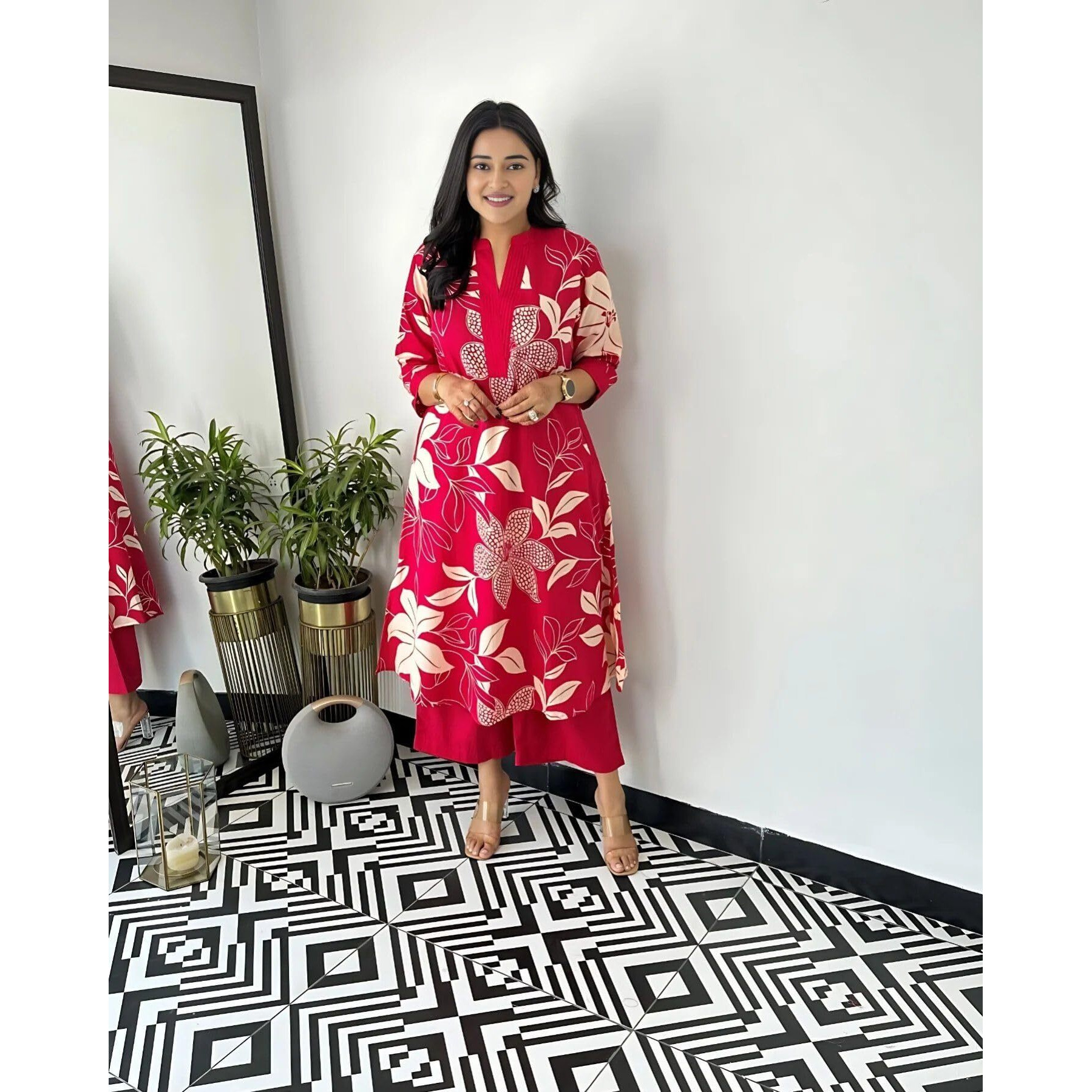 Gosriki Women's Rayon Viscose Straight Printed Kurta With Palazzo (Savya Pink-Gs_L_Pink_Large)