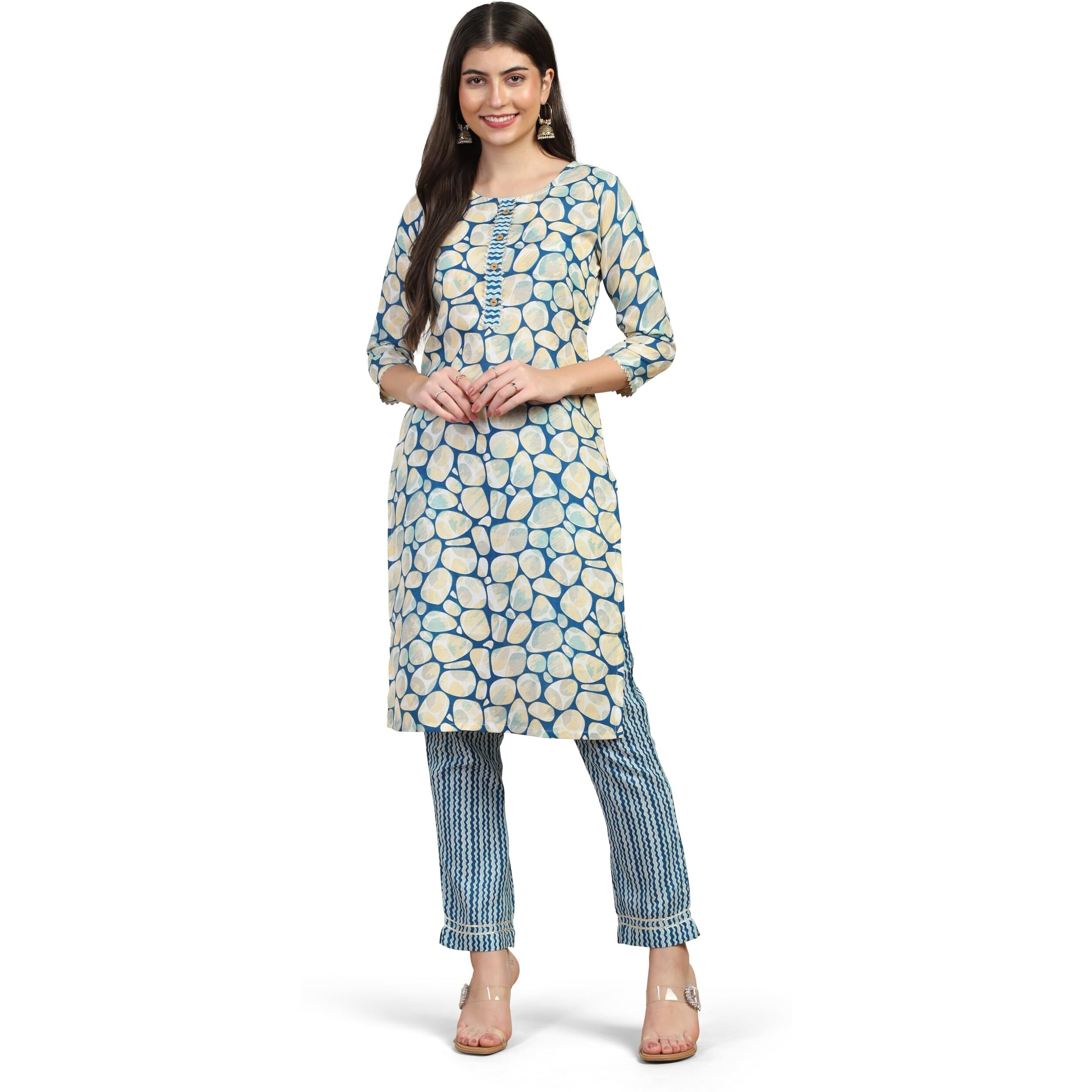Toplot Women's Printed Straight Kurta With Pant |Kurta Pant Set For Women (Kurta-Pant-2-Set-5199-Round-L) Turquoise