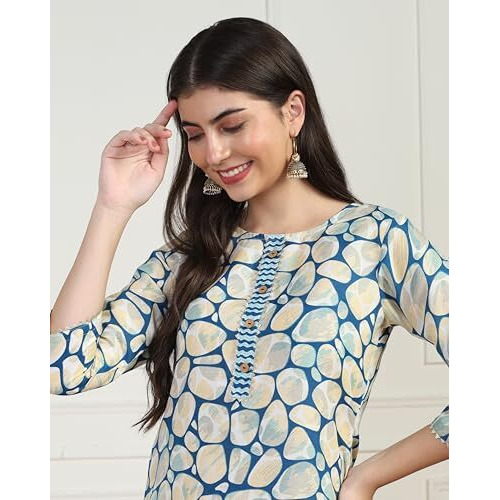 Toplot Women's Printed Straight Kurta With Pant |Kurta Pant Set For Women (Kurta-Pant-2-Set-5199-Round-L) Turquoise