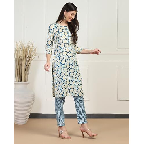 Toplot Women's Printed Straight Kurta With Pant |Kurta Pant Set For Women (Kurta-Pant-2-Set-5199-Round-L) Turquoise