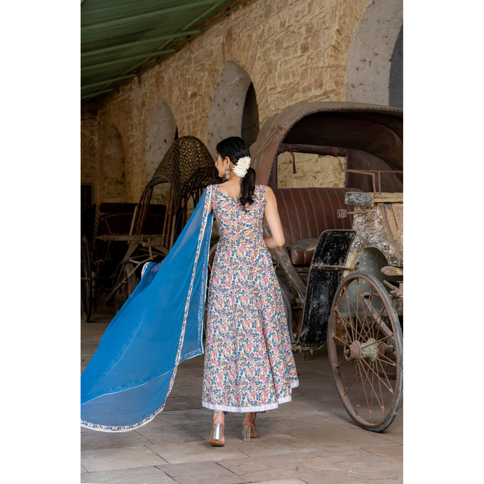 Gosriki Women's Rayon Blend Printed Anarkali Kurta With Pant & Dupatta (Ritu Blue-Gs_S_Blue_Small)