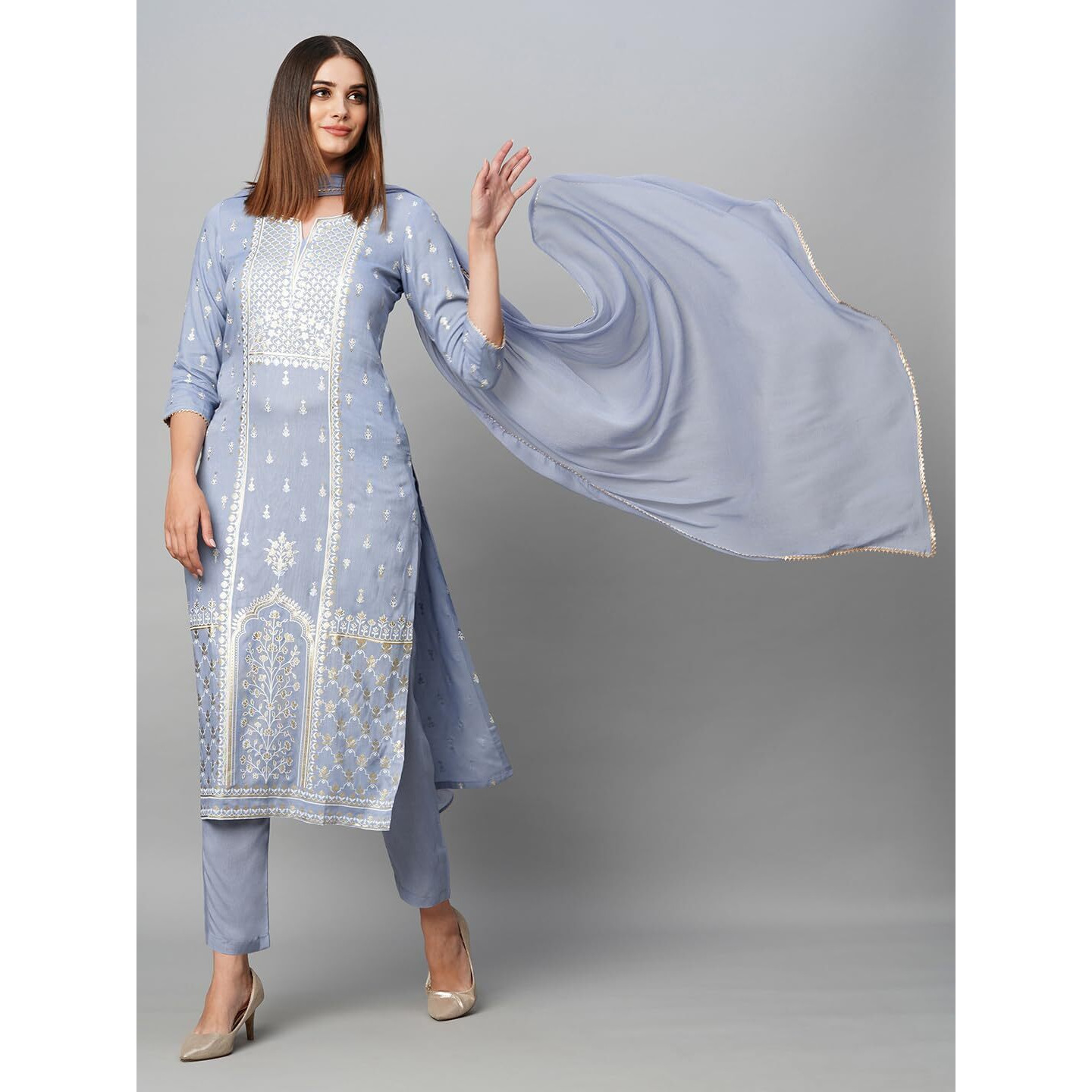 Gosriki Women's Cotton Blend Straight Printed Kurta With Pant & Dupatta (Paridhan Grey-Gs_Xxl_Grey_Xx-Large)