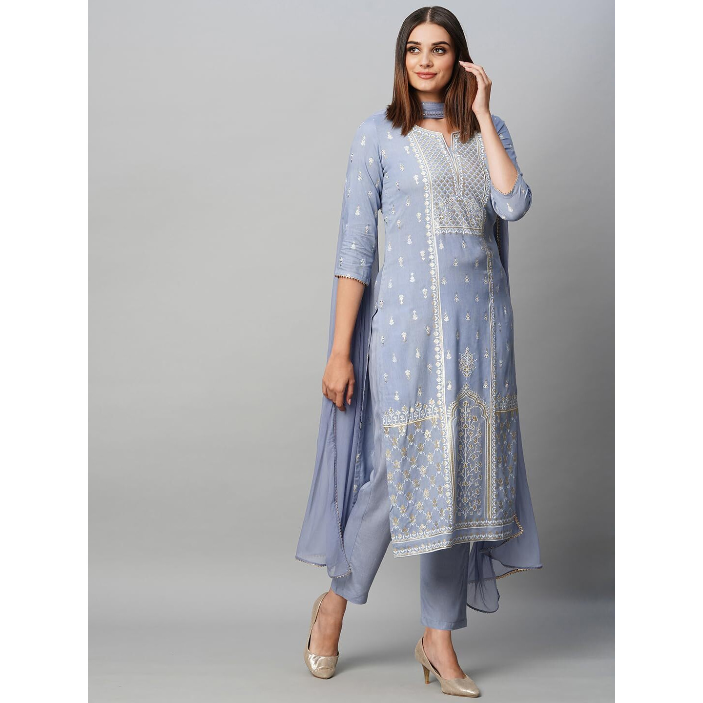 Gosriki Women's Cotton Blend Straight Printed Kurta With Pant & Dupatta (Paridhan Grey-Gs_Xxl_Grey_Xx-Large)
