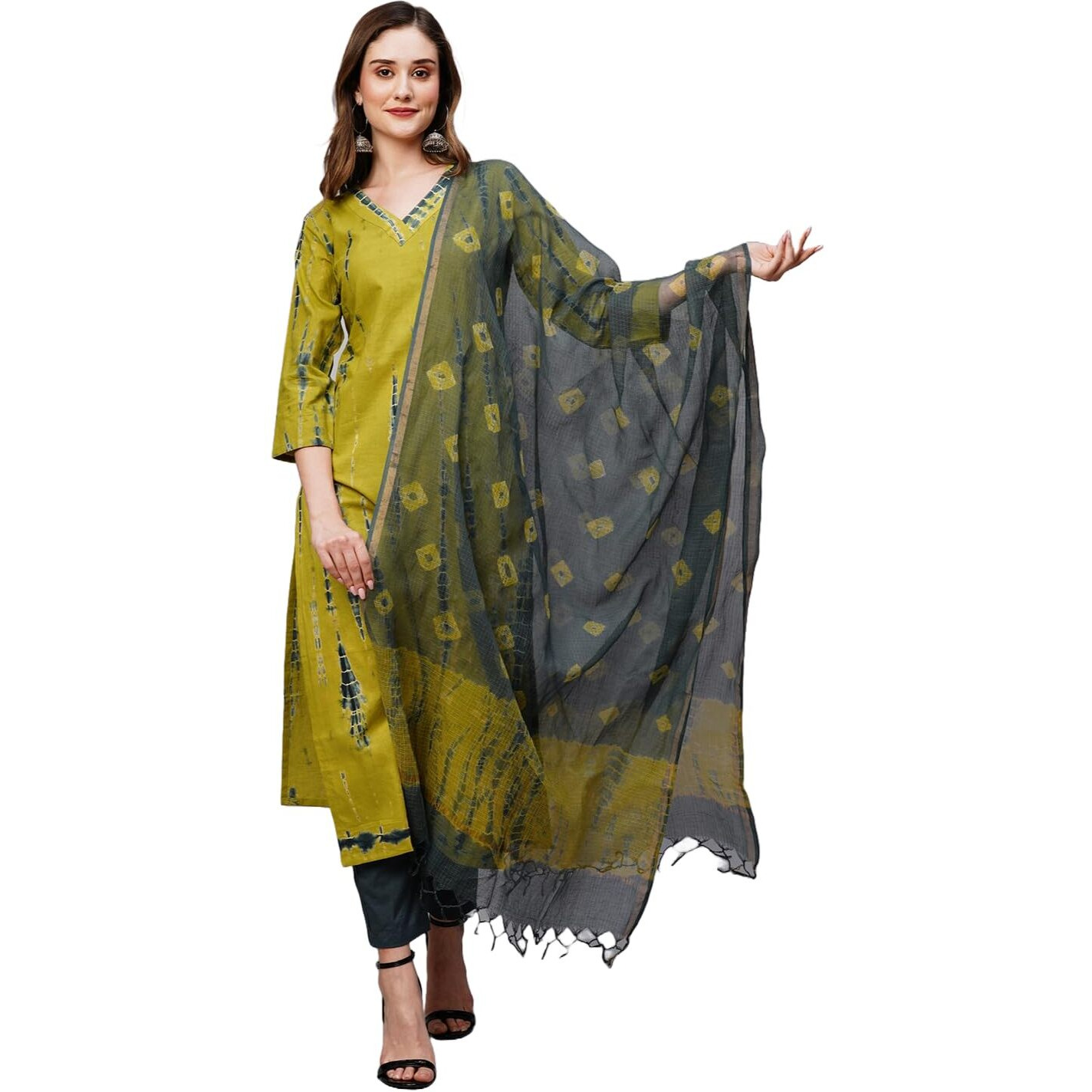 Gosriki Women's Cotton Blend Straight Printed Kurta With Pant & Dupatta (Bhumi Green-Gs_S_Green_Small)