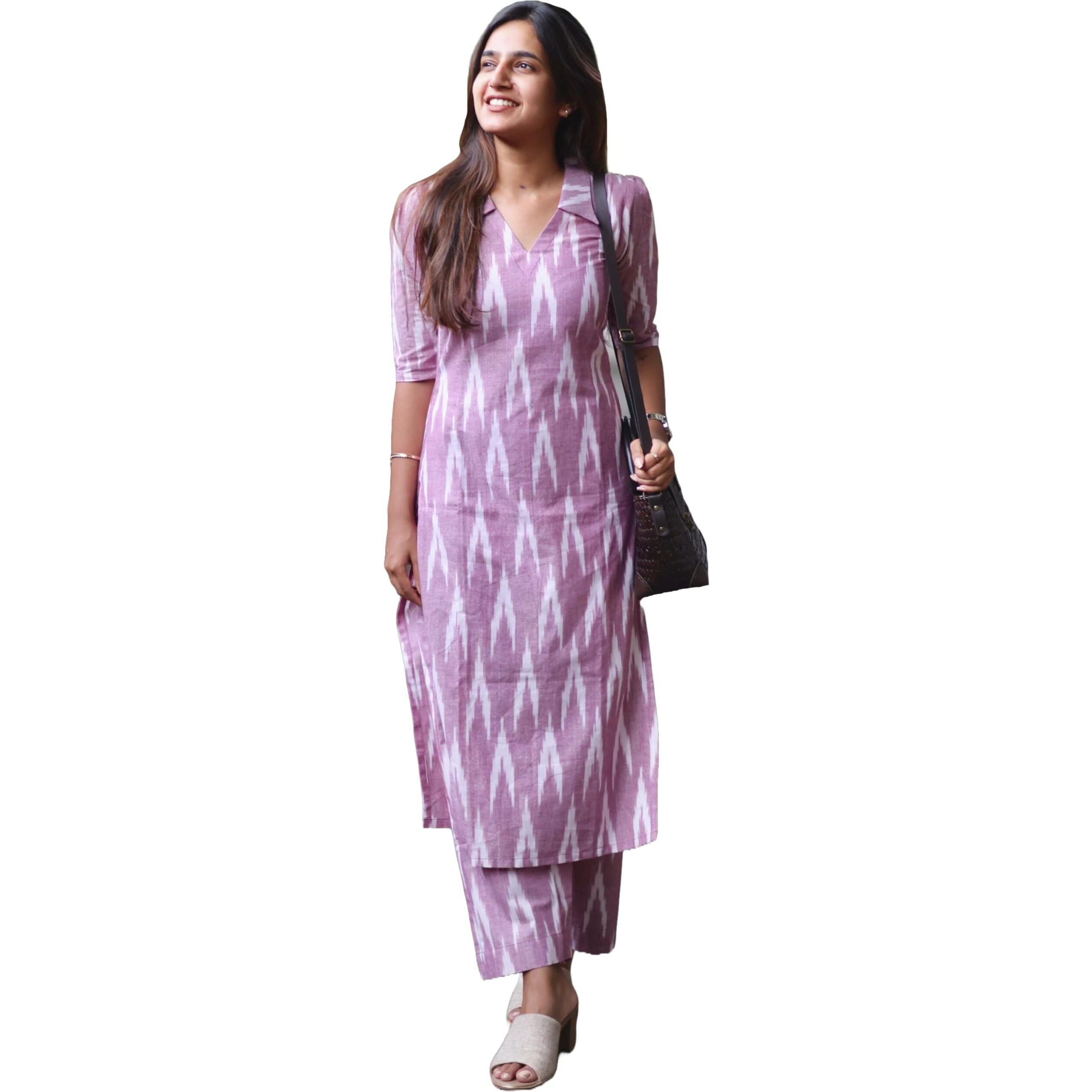 Gosriki Women's Rayon Viscose Straight Ikkat Printed Kurta With Pant (Demeter Onion-Vks01-Gs_L_Lavender_Large)